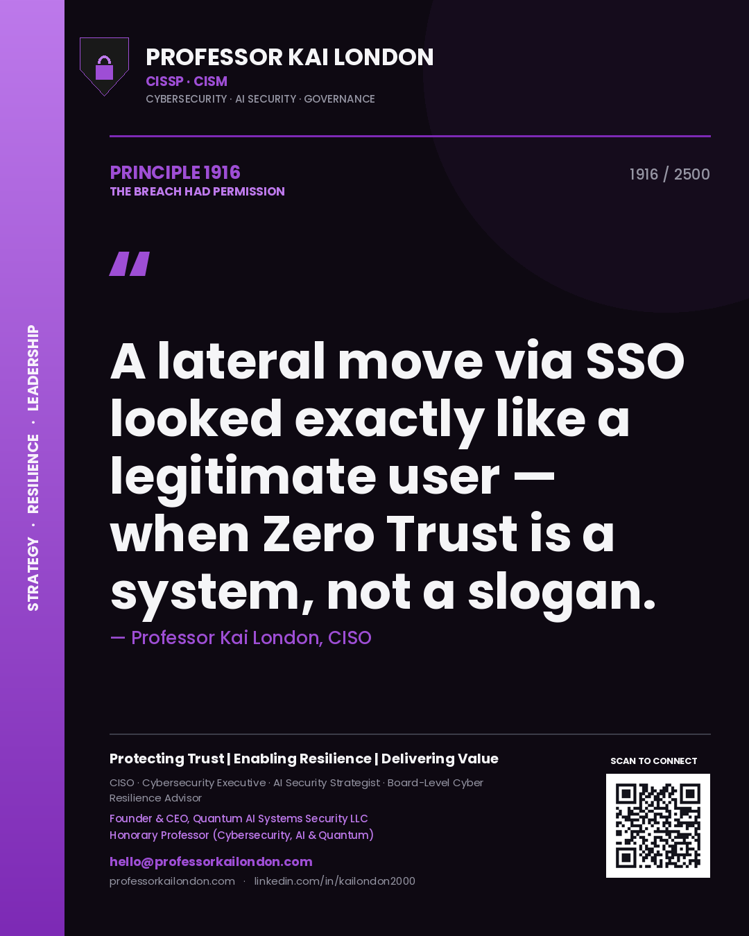 Quote card by Professor Kai London reading 'A lateral move via SSO looked exactly like a legitimate user — when Zero Trust is a system, not a slogan.'. From the book The Breach Had Permission.