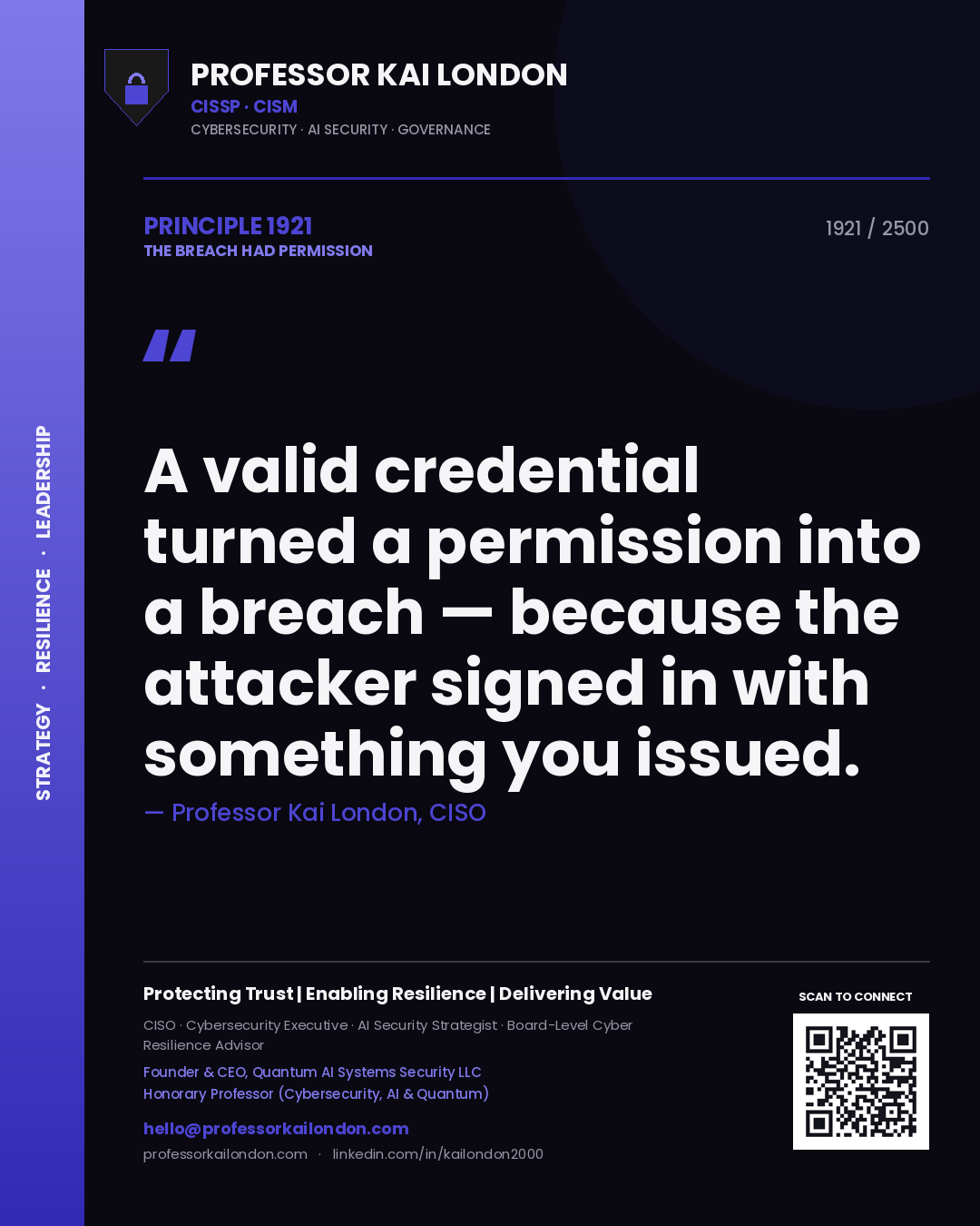 Quote card by Professor Kai London reading 'A valid credential turned a permission into a breach — because the attacker signed in with something you issued.'. From the book The Breach Had Permission.