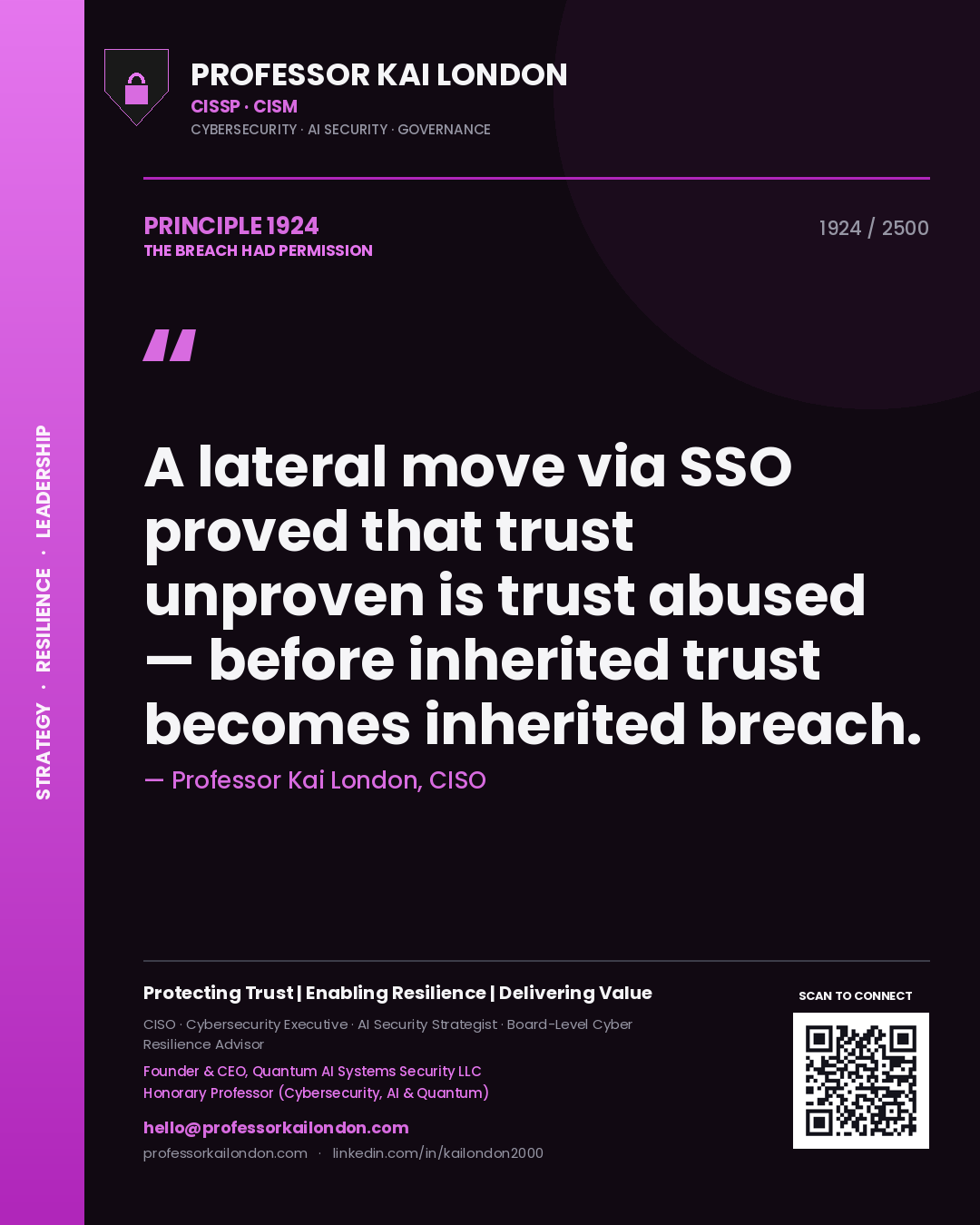 Quote card by Professor Kai London reading 'A lateral move via SSO proved that trust unproven is trust abused — before inherited trust becomes inherited breach.'. From the book The Breach Had Permission.