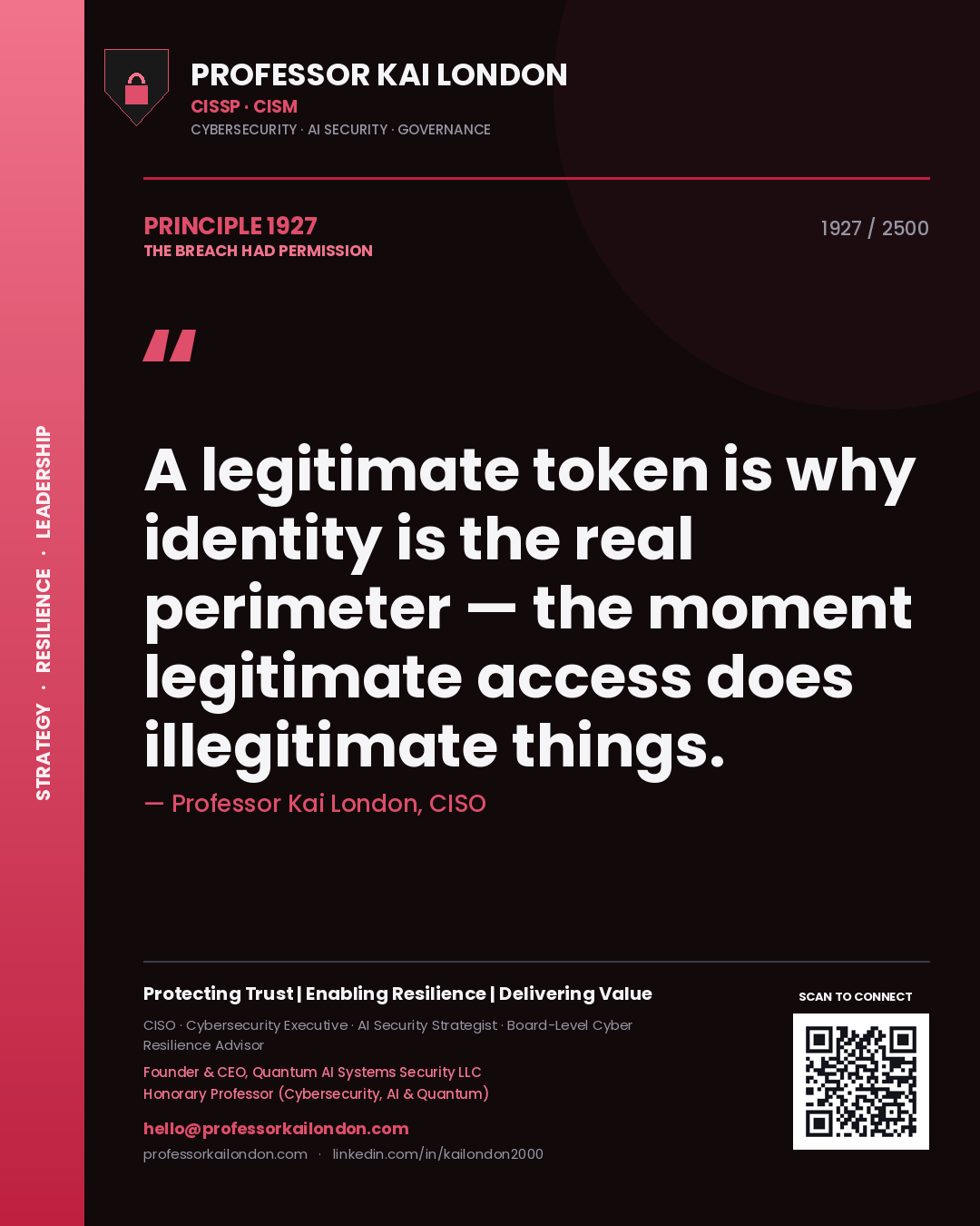 Quote card by Professor Kai London reading 'A legitimate token is why identity is the real perimeter — the moment legitimate access does illegitimate things.'. From the book The Breach Had Permission.