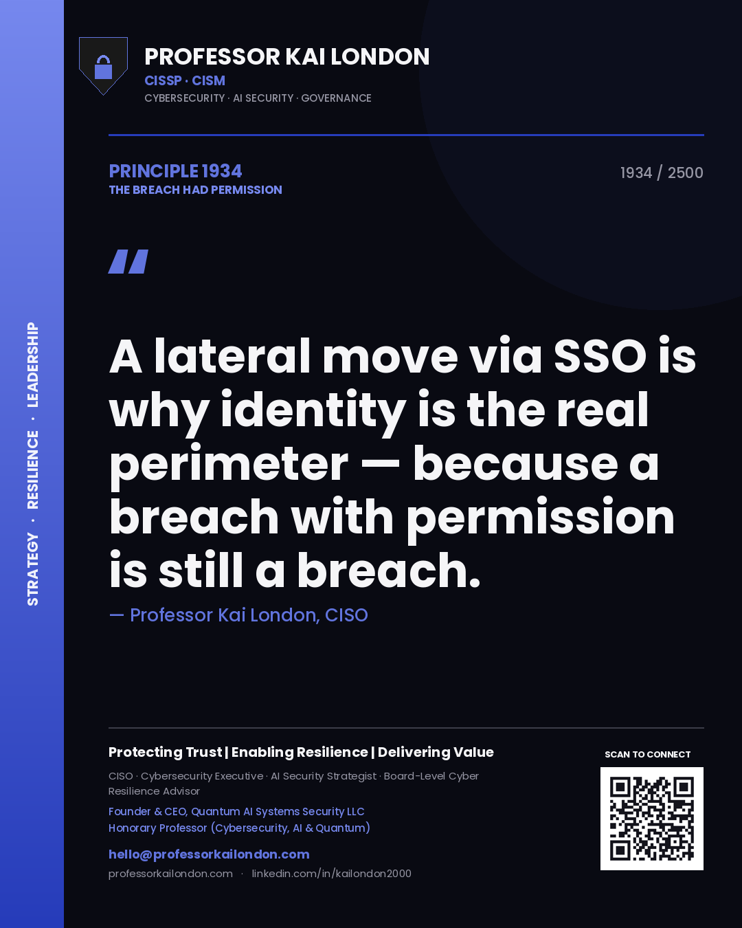 Quote card by Professor Kai London reading 'A lateral move via SSO is why identity is the real perimeter — because a breach with permission is still a breach.'. From the book The Breach Had Permission.