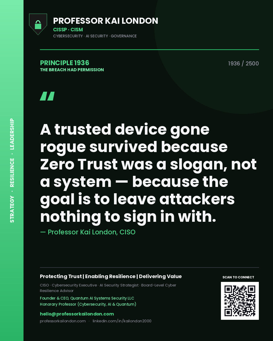 Quote card by Professor Kai London reading 'A trusted device gone rogue survived because Zero Trust was a slogan, not a system — because the goal is to leave attackers nothing to sign in with.'. From the book The Breach Had Permission.