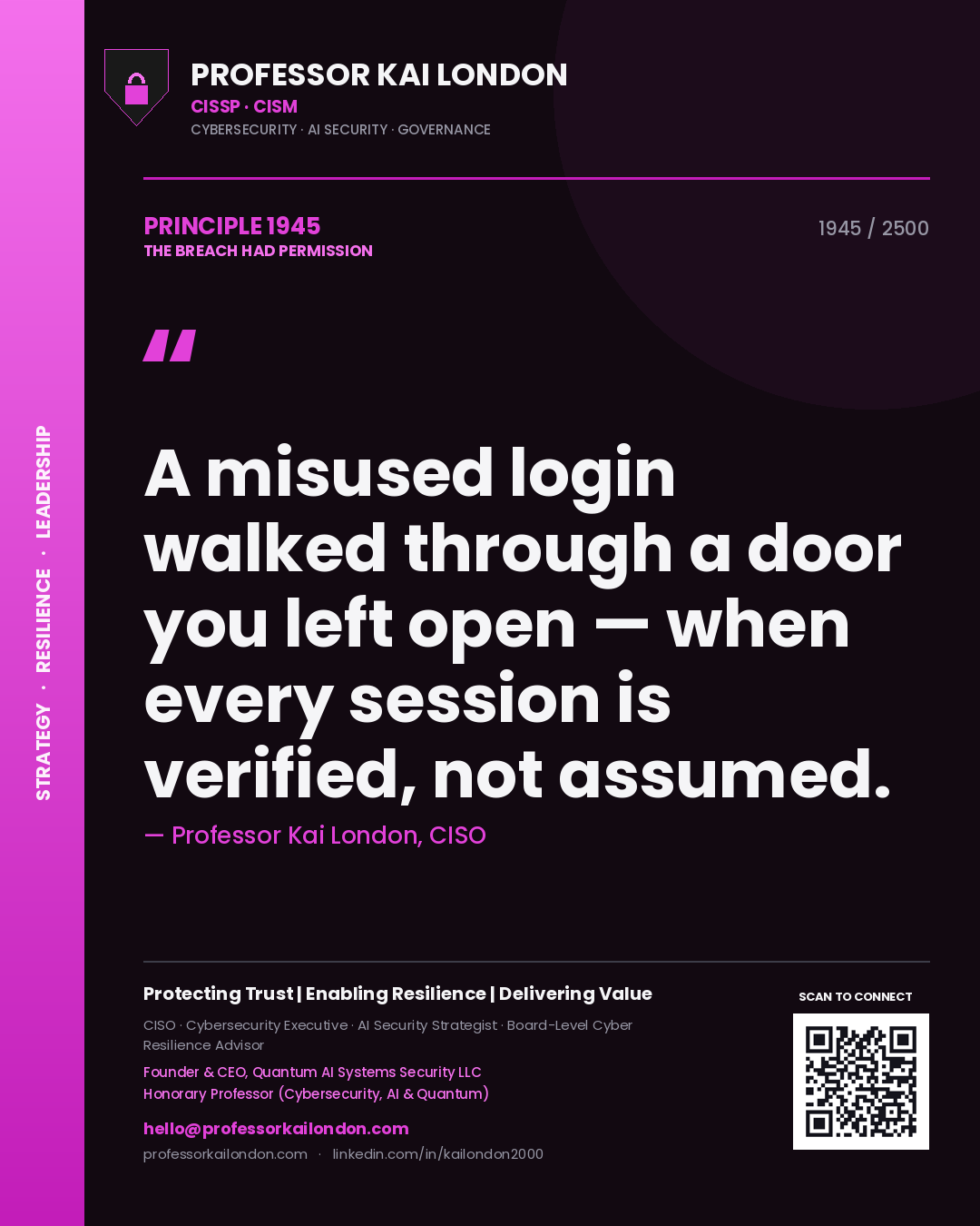 Quote card by Professor Kai London reading 'A misused login walked through a door you left open — when every session is verified, not assumed.'. From the book The Breach Had Permission.