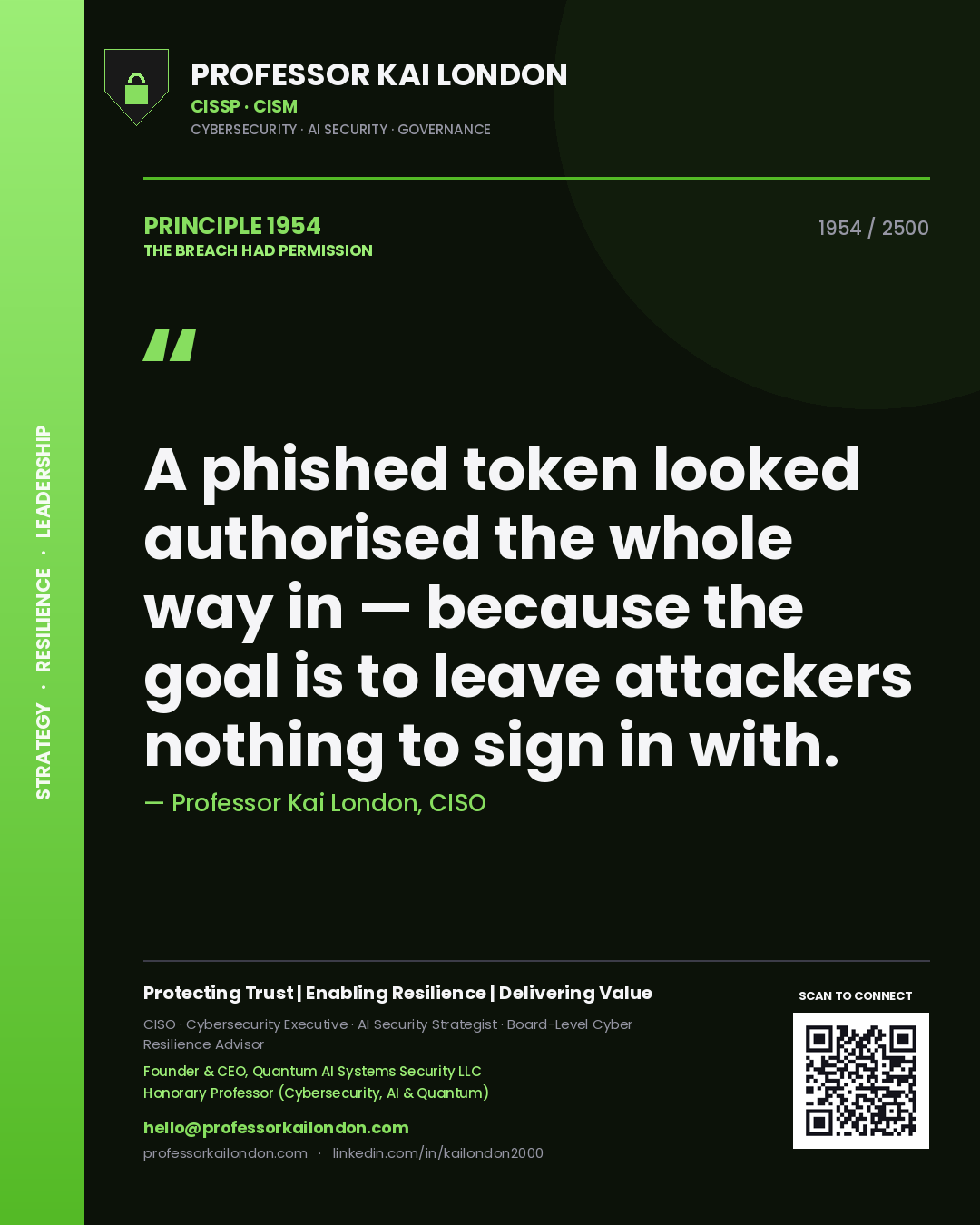 Quote card by Professor Kai London reading 'A phished token looked authorised the whole way in — because the goal is to leave attackers nothing to sign in with.'. From the book The Breach Had Permission.