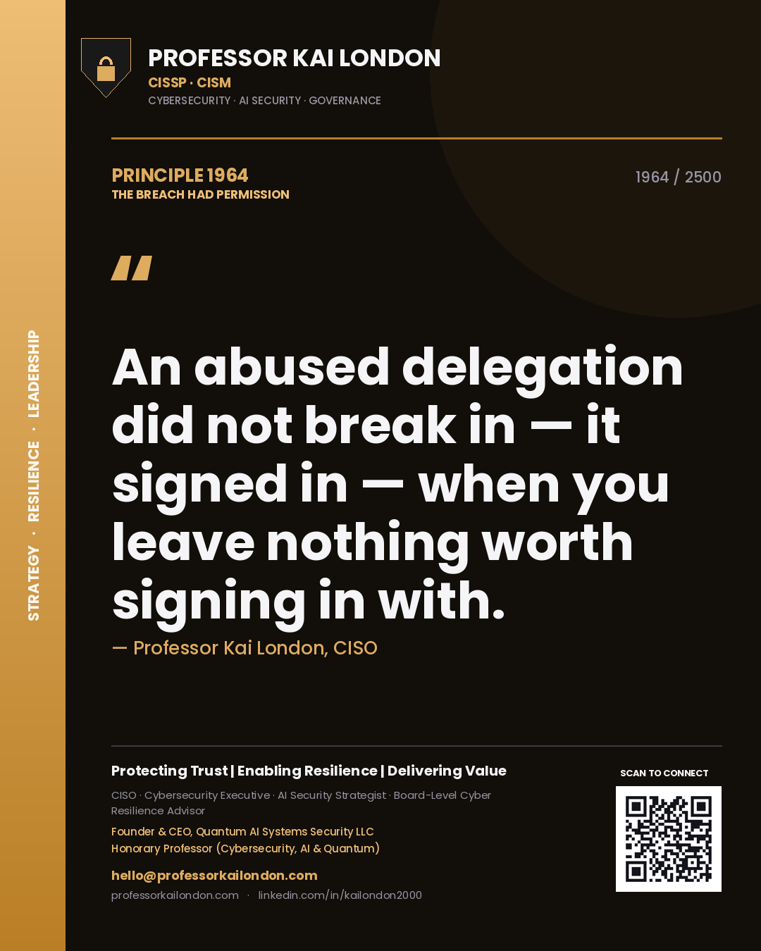 Quote card by Professor Kai London reading 'An abused delegation did not break in — it signed in — when you leave nothing worth signing in with.'. From the book The Breach Had Permission.