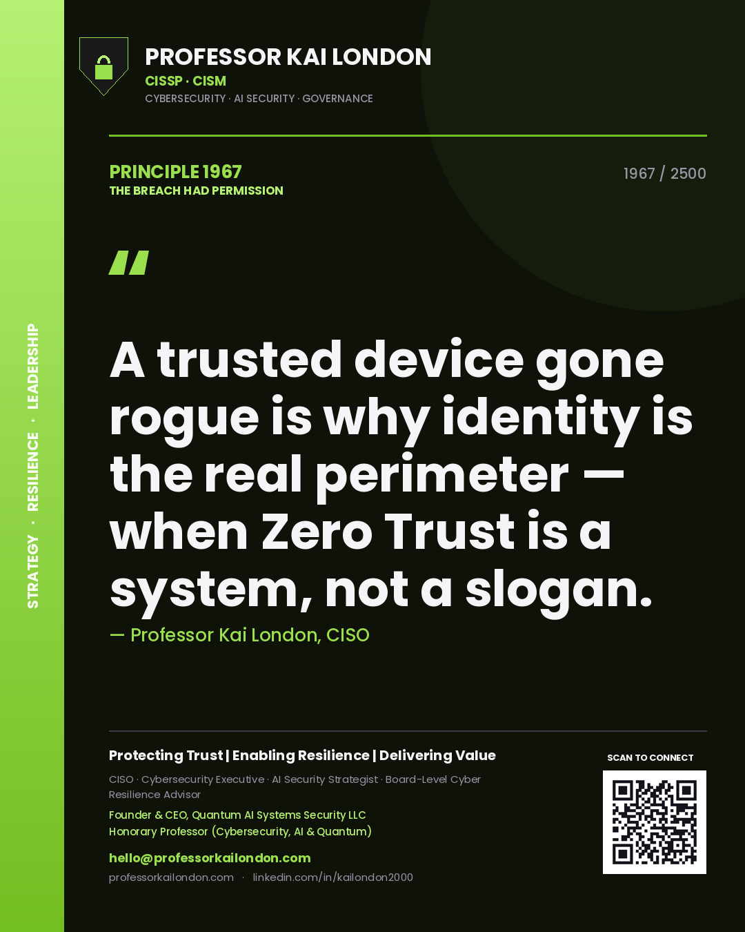 Professor Kai London principle 1967: A trusted device gone rogue is why identity is the real perimeter — when Zero Trust is a system, not a slogan.
