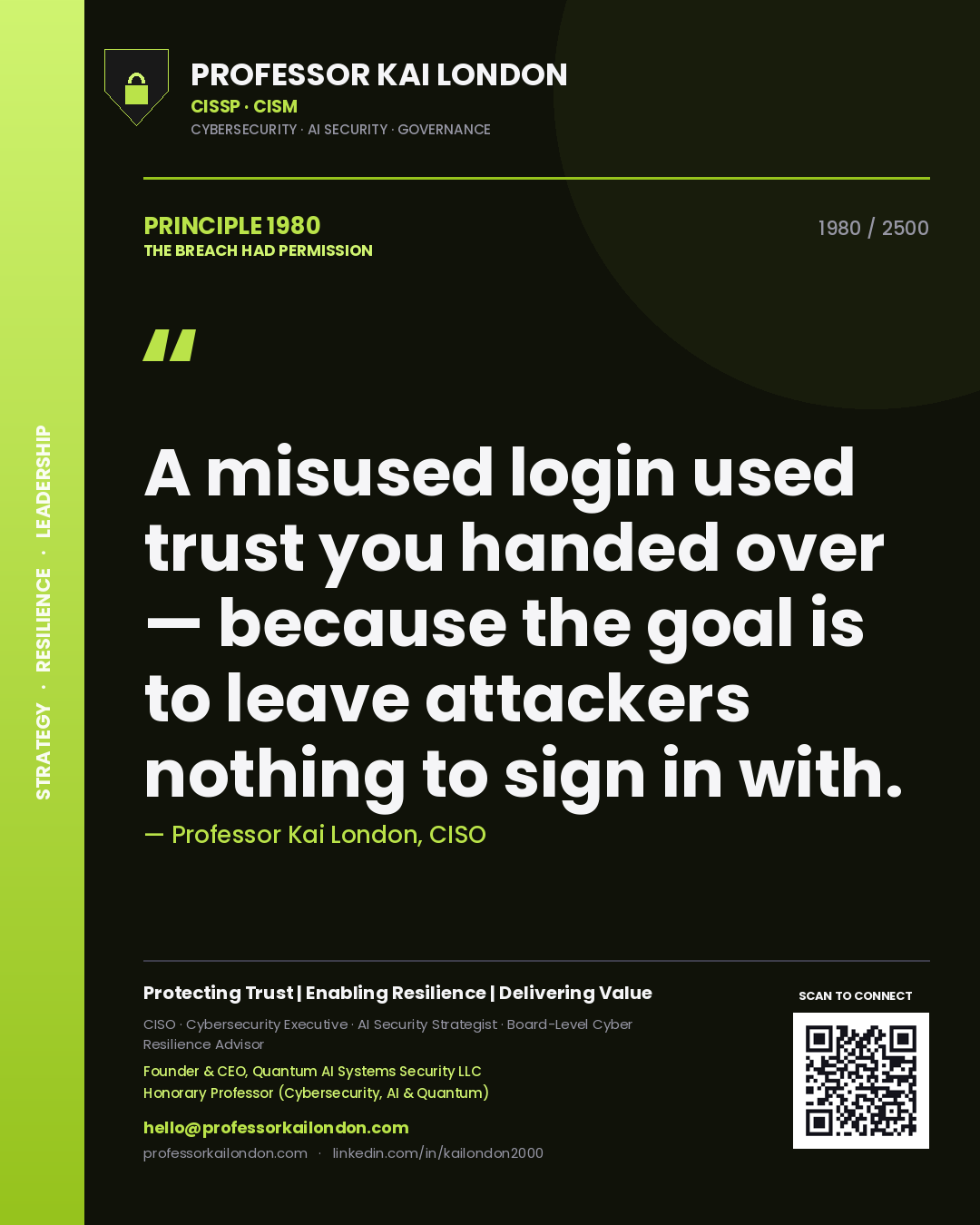 Professor Kai London principle 1980: A misused login used trust you handed over — because the goal is to leave attackers nothing to sign in with.