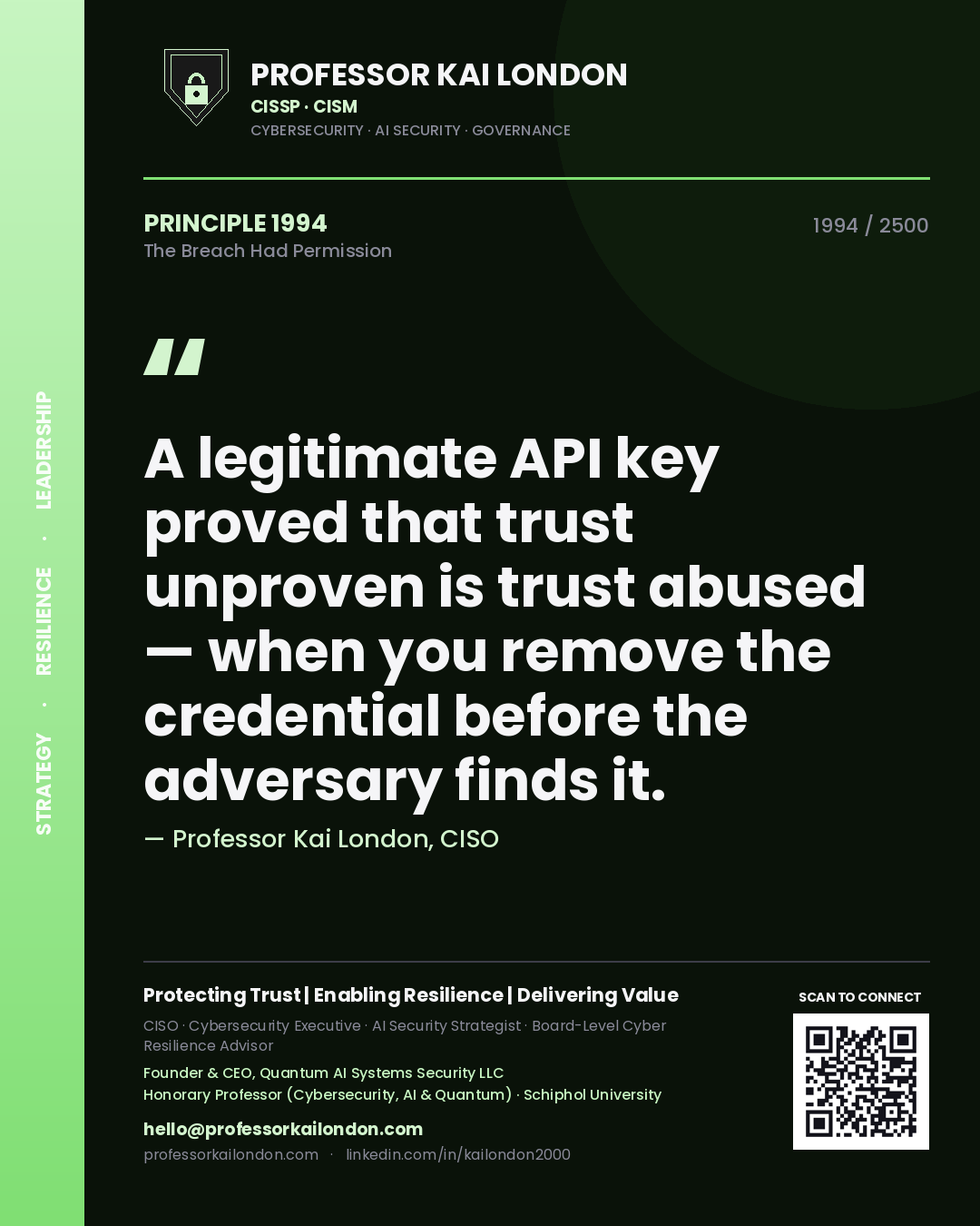 Quote card by Professor Kai London reading 'A legitimate API key proved that trust unproven is trust abused — when you remove the credential before the adversary finds it.'. From the book The Breach Had Permission.