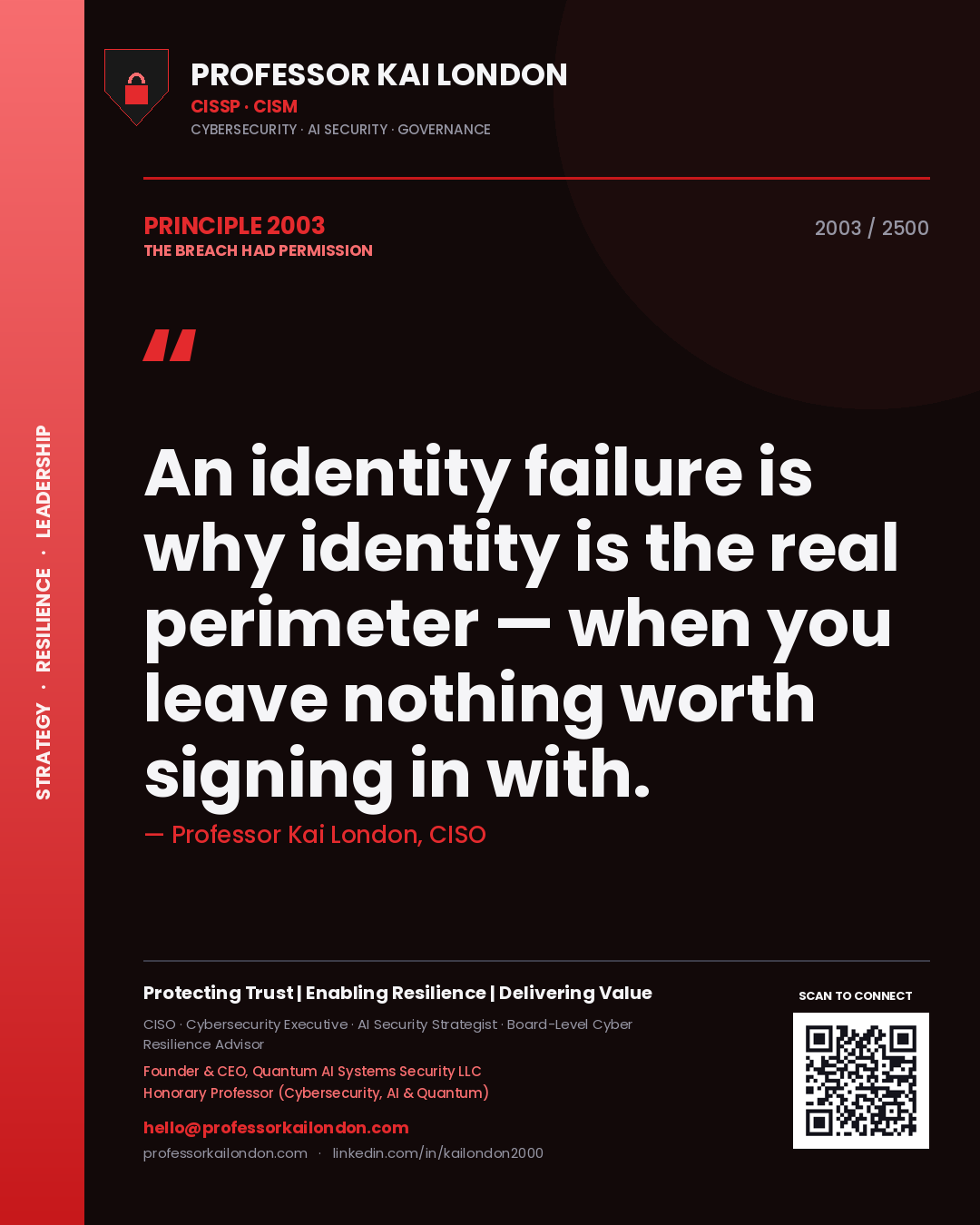 Professor Kai London principle 2003: An identity failure is why identity is the real perimeter — when you leave nothing worth signing in with.