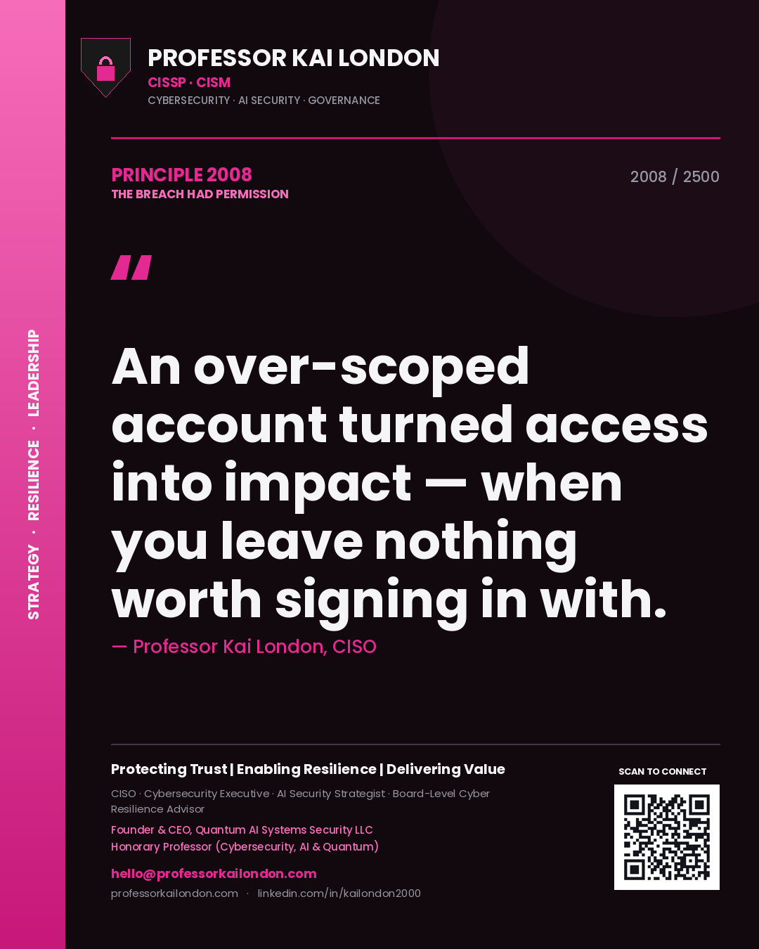 Professor Kai London principle 2008: An over-scoped account turned access into impact — when you leave nothing worth signing in with.