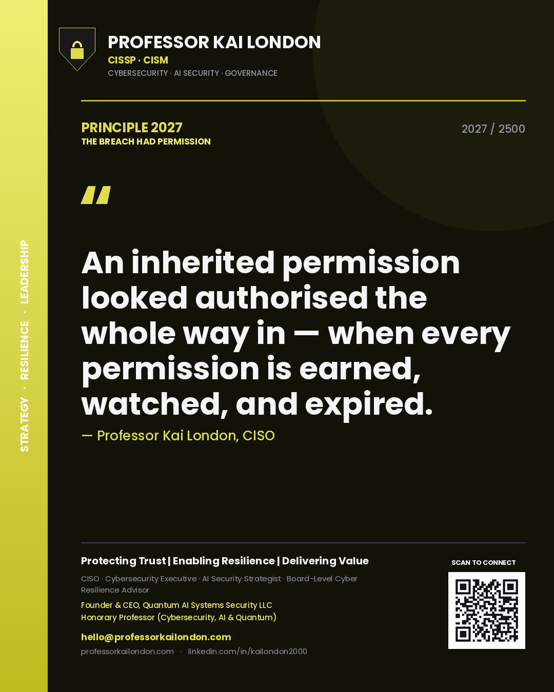 Professor Kai London principle 2027: An inherited permission looked authorised the whole way in — when every permission is earned, watched, and expired.