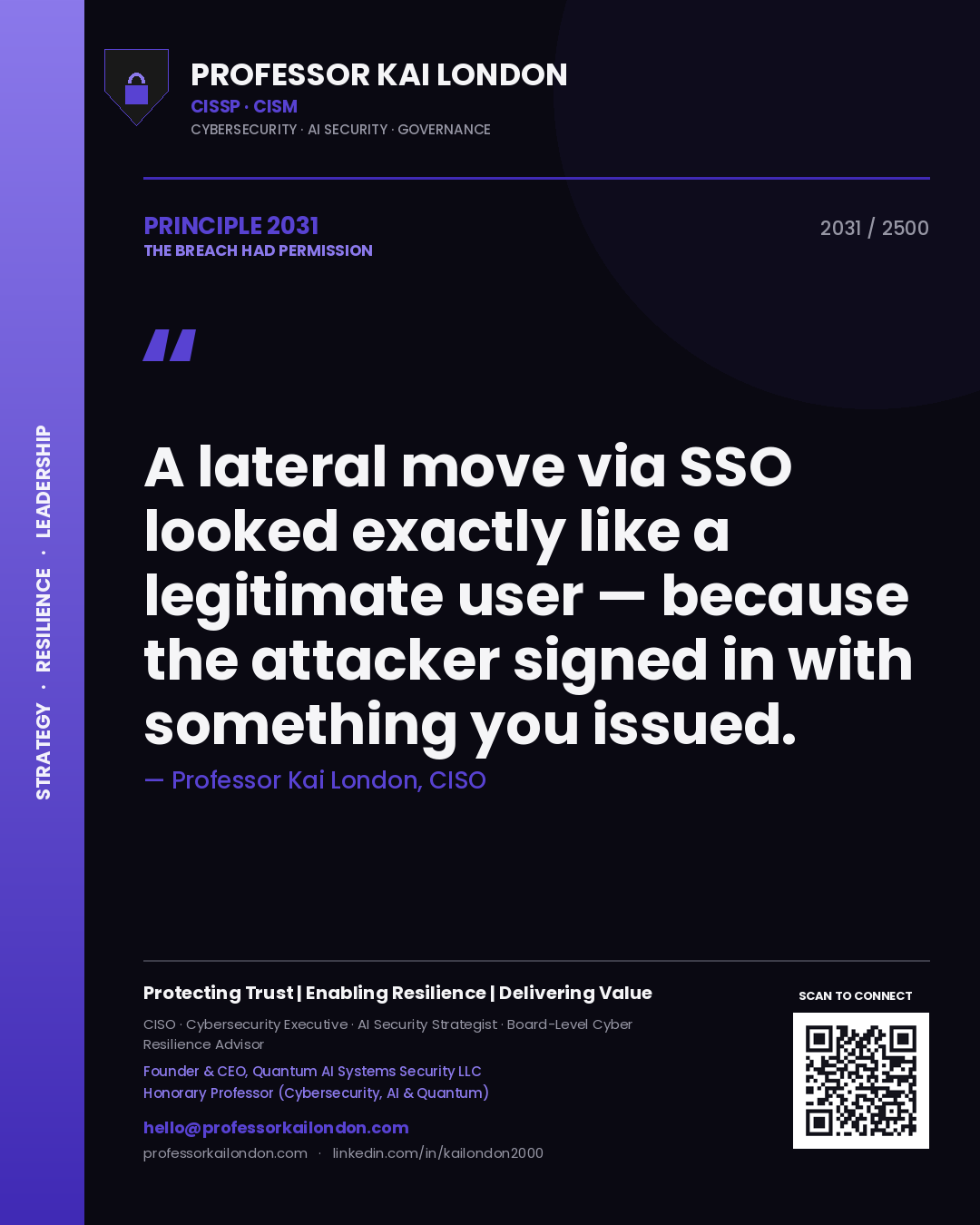 Professor Kai London principle 2031: A lateral move via SSO looked exactly like a legitimate user — because the attacker signed in with something you issued.