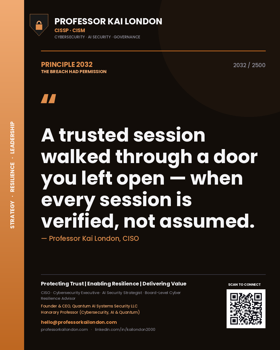 Professor Kai London principle 2032: A trusted session walked through a door you left open — when every session is verified, not assumed.