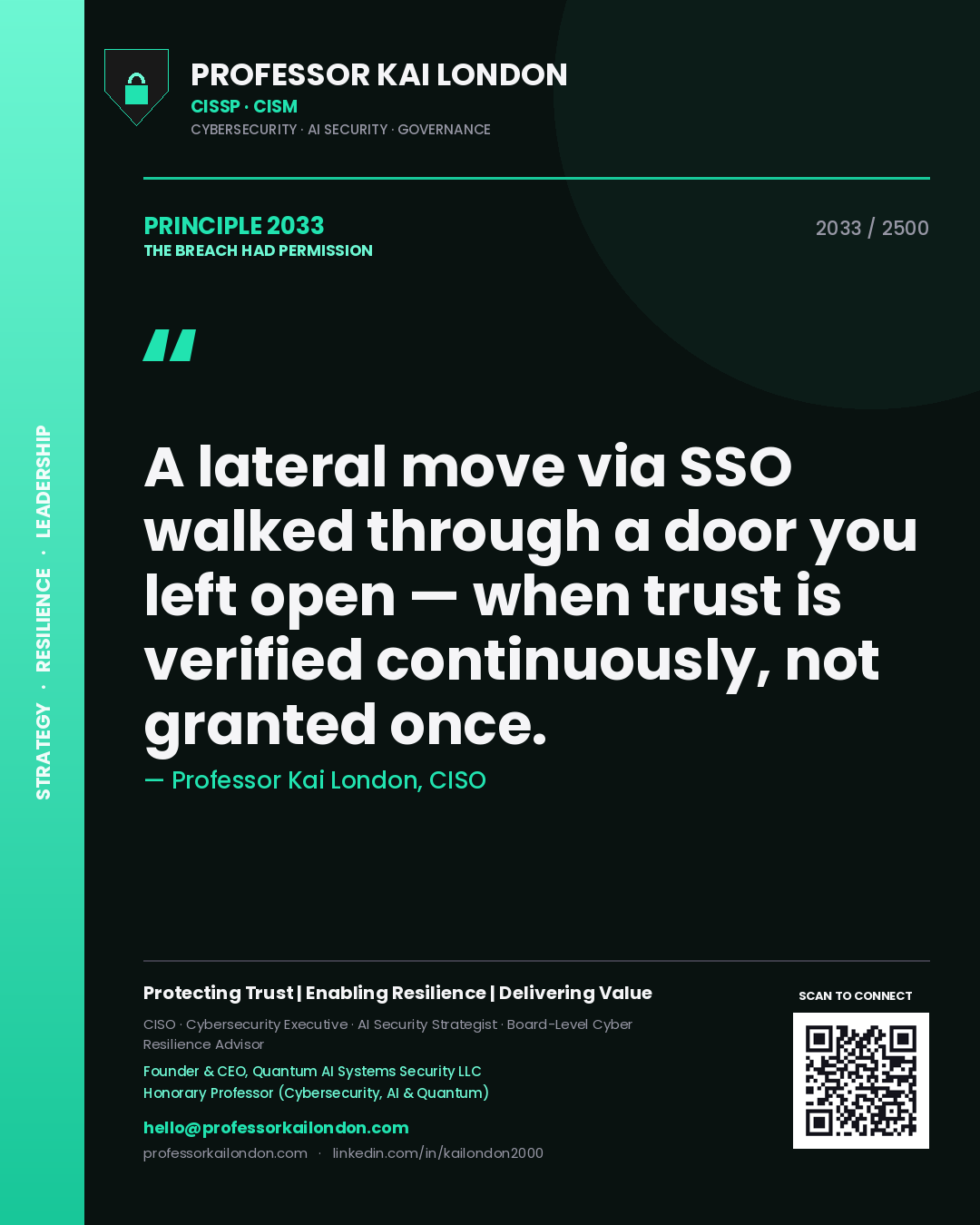 Professor Kai London principle 2033: A lateral move via SSO walked through a door you left open — when trust is verified continuously, not granted once.