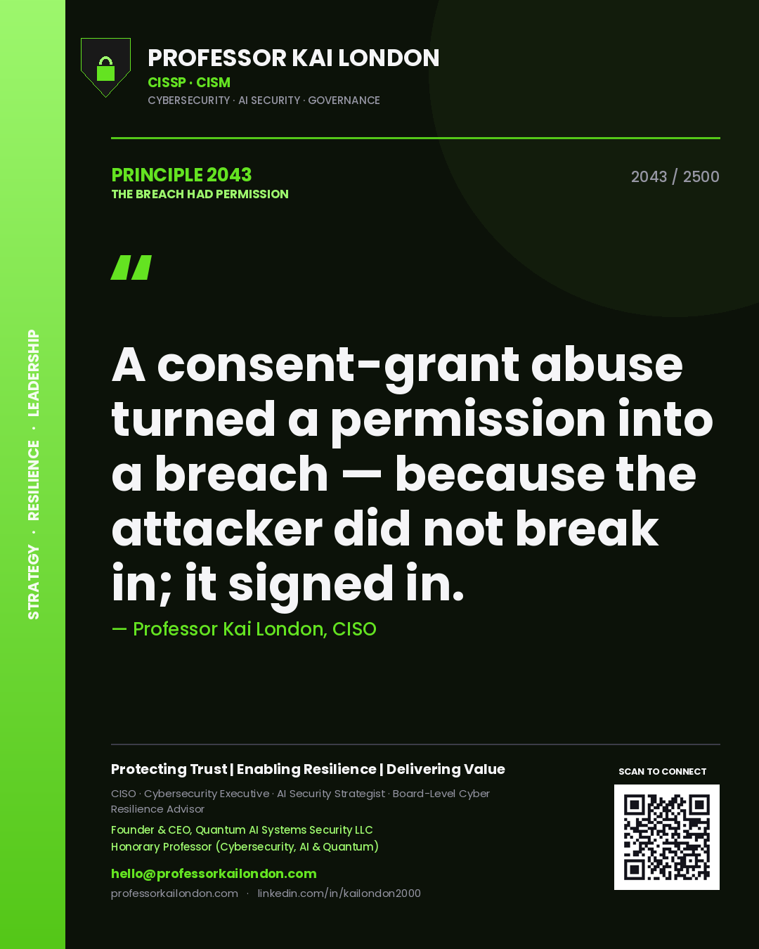 Professor Kai London principle 2043: A consent-grant abuse turned a permission into a breach — because the attacker did not break in; it signed in.