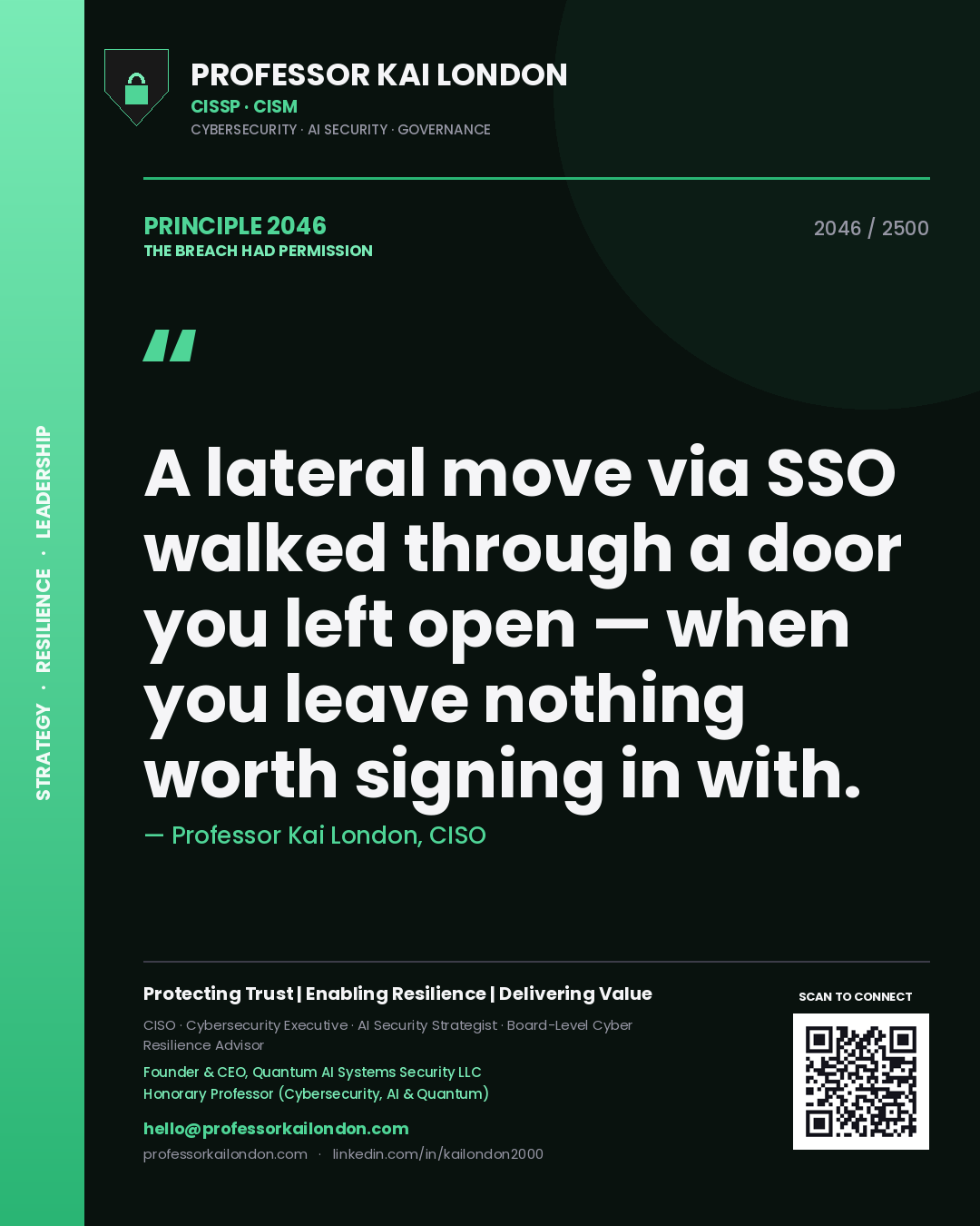 Professor Kai London principle 2046: A lateral move via SSO walked through a door you left open — when you leave nothing worth signing in with.