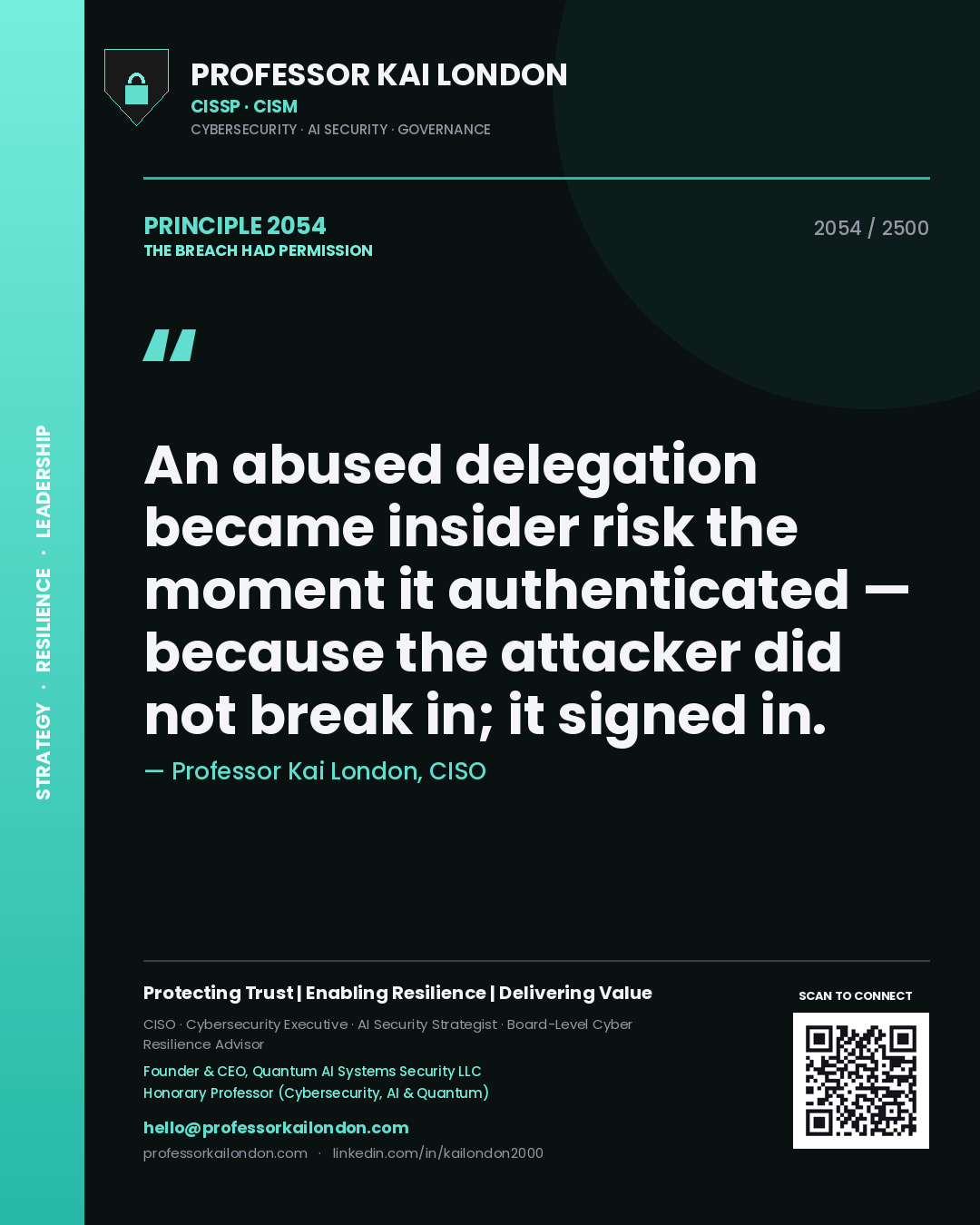 Professor Kai London principle 2054: An abused delegation became insider risk the moment it authenticated — because the attacker did not break in; it signed in.