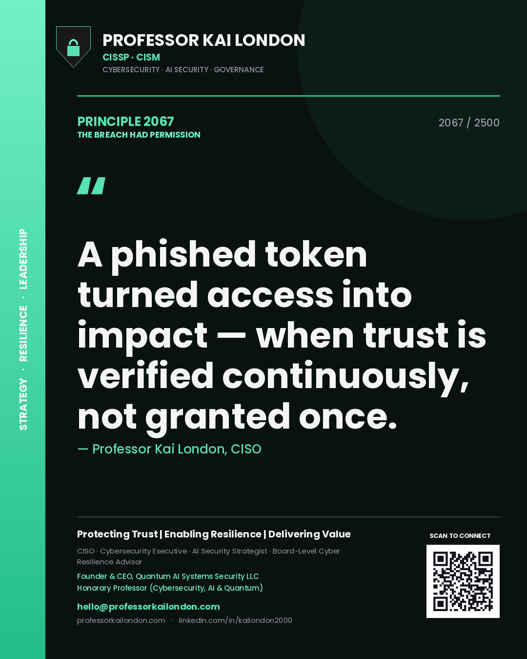 Professor Kai London principle 2067: A phished token turned access into impact — when trust is verified continuously, not granted once.