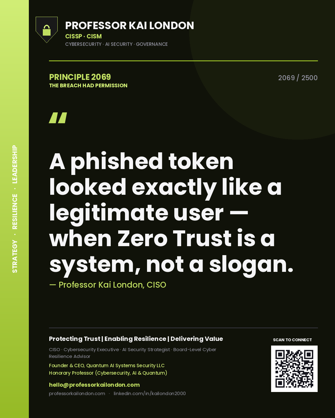 Professor Kai London principle 2069: A phished token looked exactly like a legitimate user — when Zero Trust is a system, not a slogan.