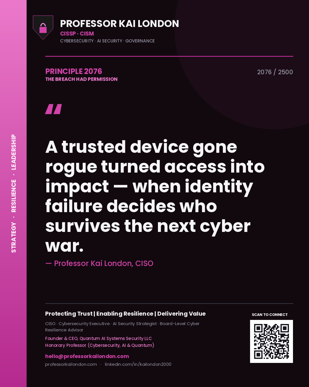 Professor Kai London principle 2076: A trusted device gone rogue turned access into impact — when identity failure decides who survives the next cyber war.