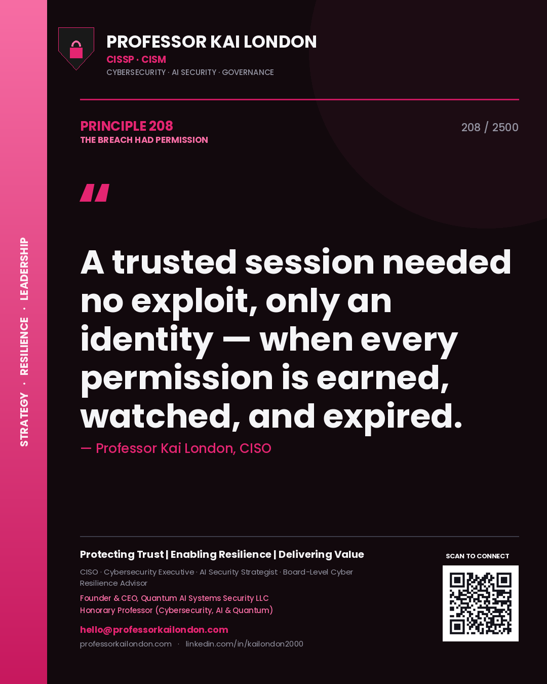 Quote card by Professor Kai London reading 'A trusted session needed no exploit, only an identity — when every permission is earned, watched, and expired.'. From the book The Breach Had Permission.