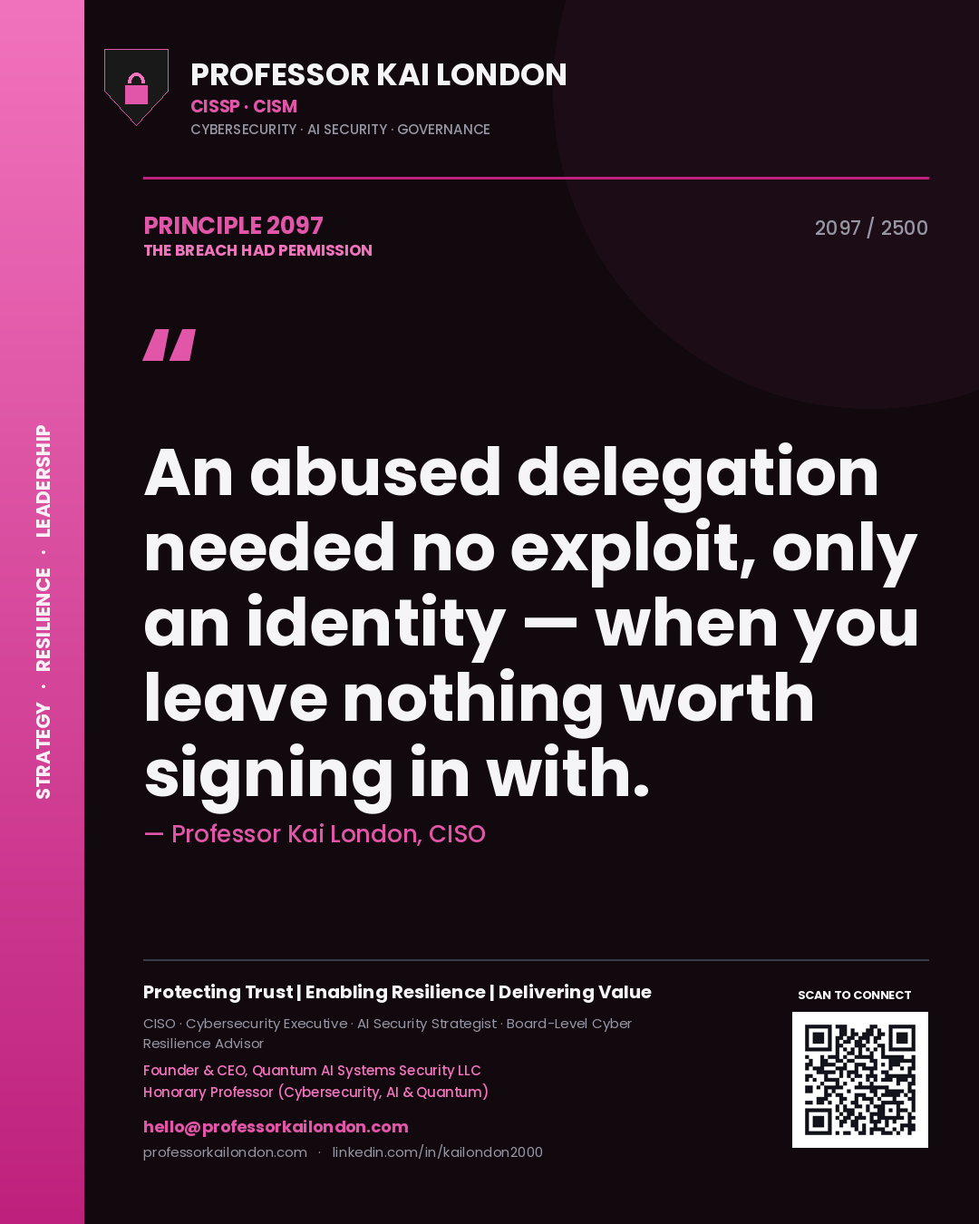 Professor Kai London principle 2097: An abused delegation needed no exploit, only an identity — when you leave nothing worth signing in with.