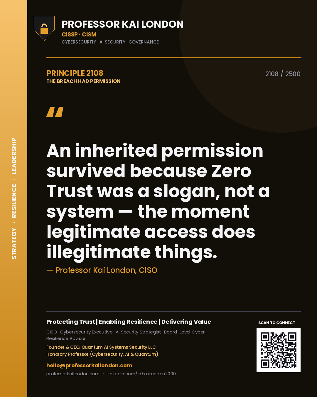 Quote card by Professor Kai London reading 'An inherited permission survived because Zero Trust was a slogan, not a system — the moment legitimate access does illegitimate things.'. From the book The Breach Had Permission.