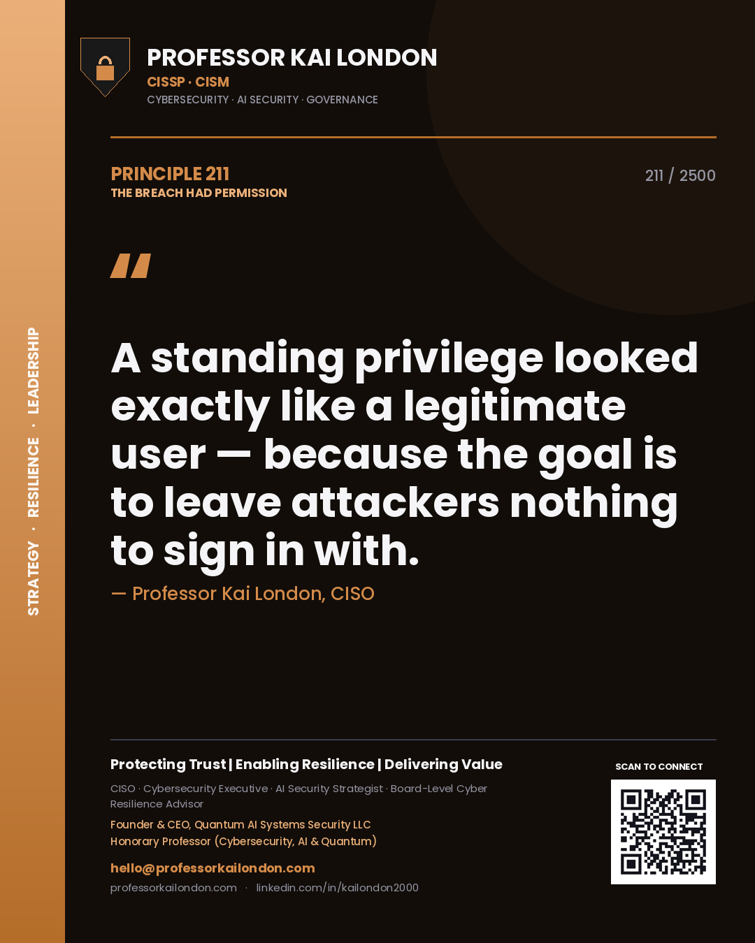 Professor Kai London principle 211: A standing privilege looked exactly like a legitimate user — because the goal is to leave attackers nothing to sign in with.