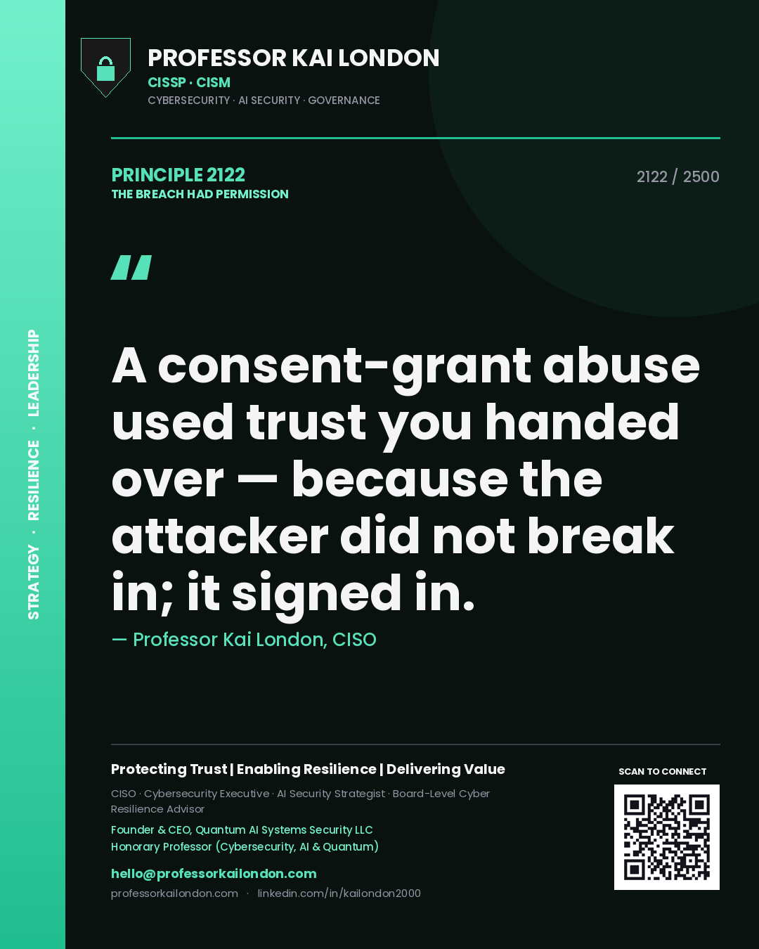 Quote card by Professor Kai London reading 'A consent-grant abuse used trust you handed over — because the attacker did not break in; it signed in.'. From the book The Breach Had Permission.
