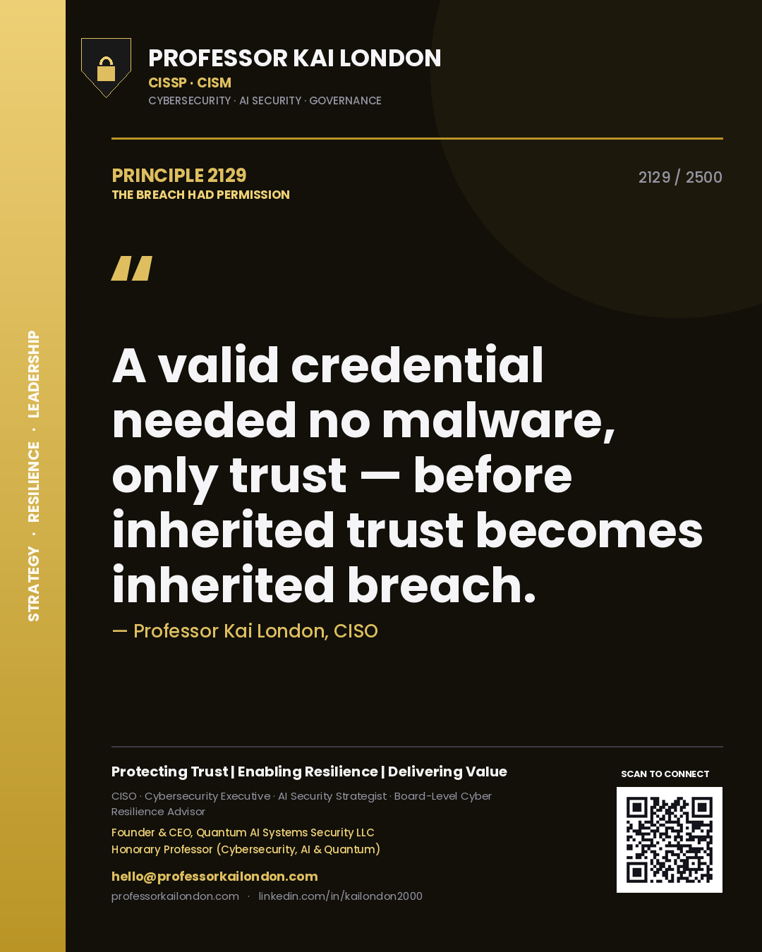 Quote card by Professor Kai London reading 'A valid credential needed no malware, only trust — before inherited trust becomes inherited breach.'. From the book The Breach Had Permission.