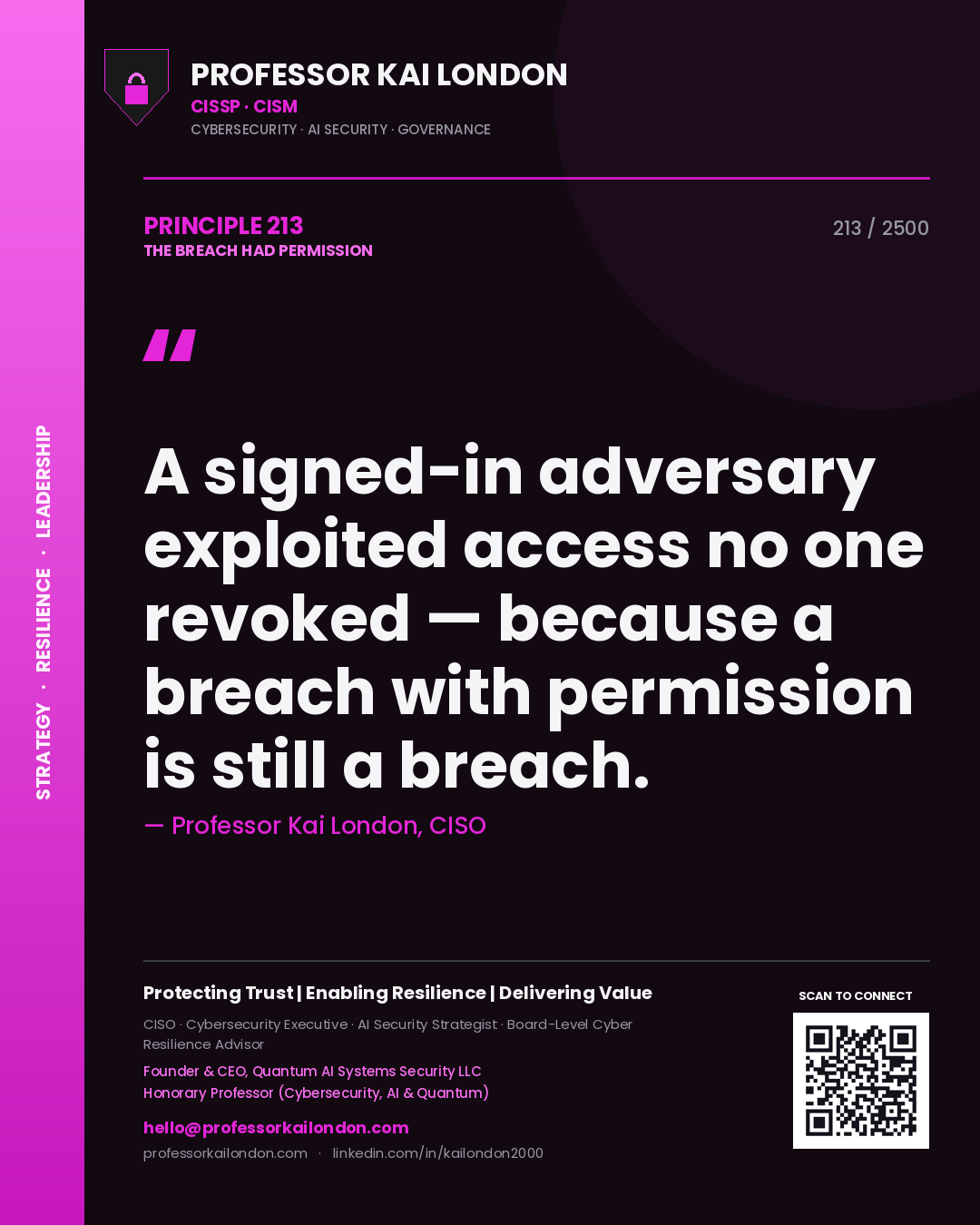 Professor Kai London principle 213: A signed-in adversary exploited access no one revoked — because a breach with permission is still a breach.
