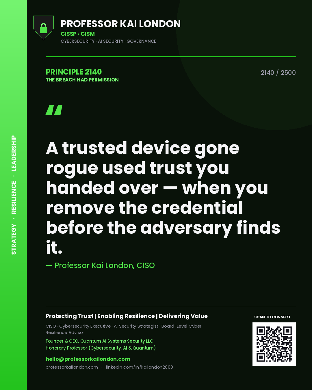 Quote card by Professor Kai London reading 'A trusted device gone rogue used trust you handed over — when you remove the credential before the adversary finds it.'. From the book The Breach Had Permission.