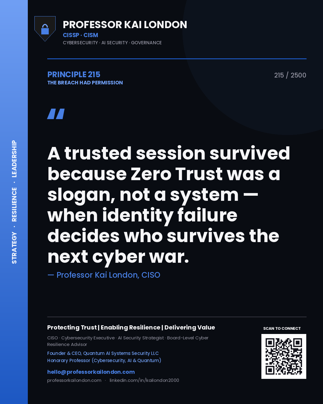 Professor Kai London principle 215: A trusted session survived because Zero Trust was a slogan, not a system — when identity failure decides who survives the next cyber war.