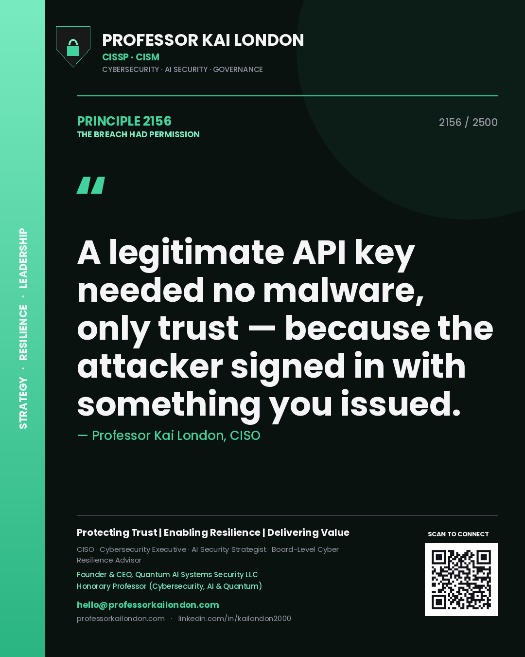 Quote card by Professor Kai London reading 'A legitimate API key needed no malware, only trust — because the attacker signed in with something you issued.'. From the book The Breach Had Permission.