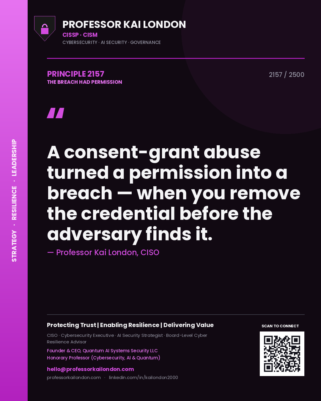 Quote card by Professor Kai London reading 'A consent-grant abuse turned a permission into a breach — when you remove the credential before the adversary finds it.'. From the book The Breach Had Permission.
