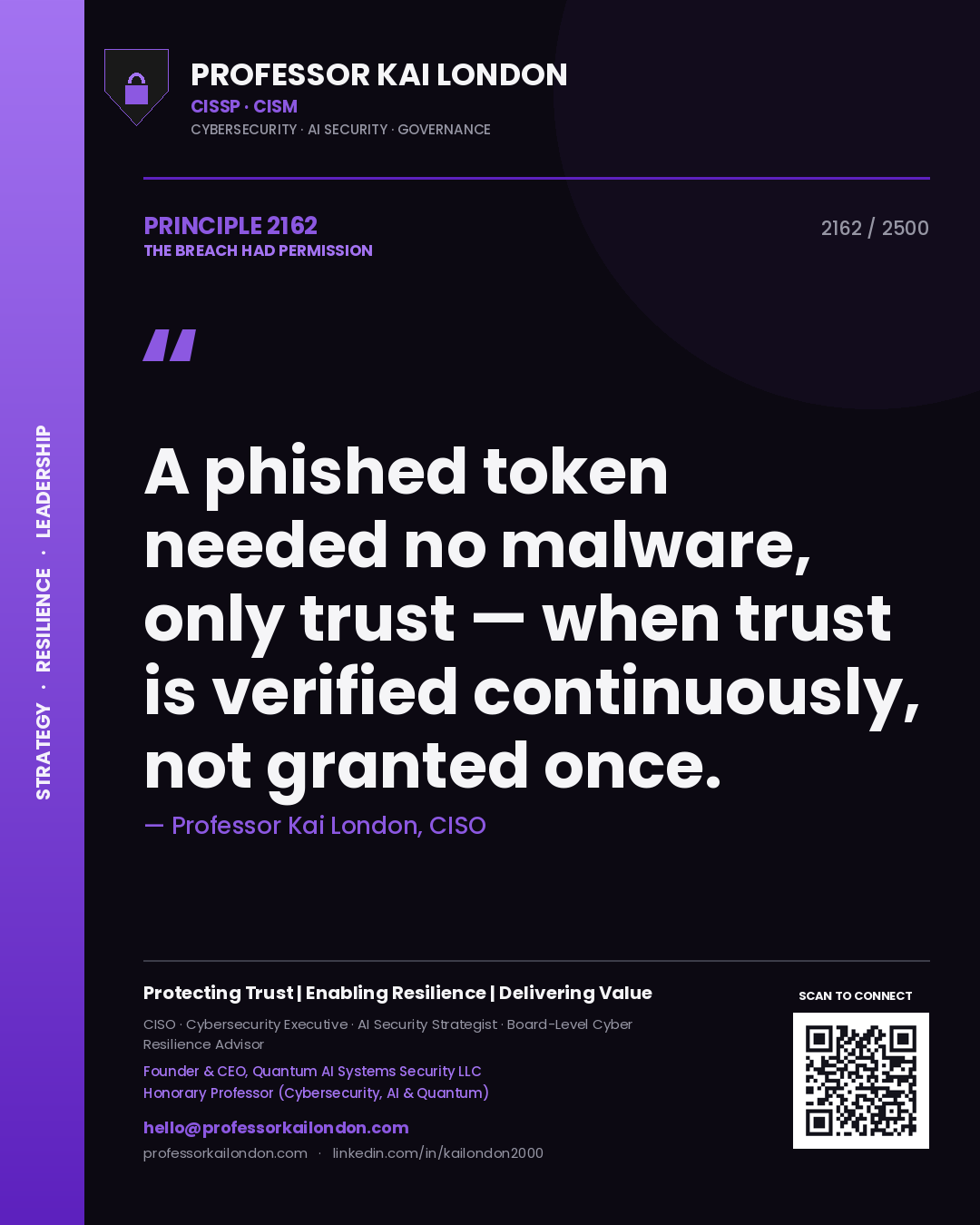 Quote card by Professor Kai London reading 'A phished token needed no malware, only trust — when trust is verified continuously, not granted once.'. From the book The Breach Had Permission.