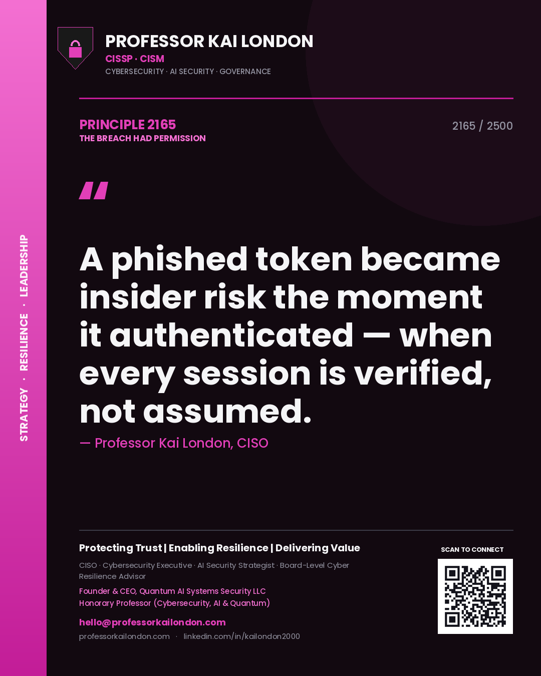 Quote card by Professor Kai London reading 'A phished token became insider risk the moment it authenticated — when every session is verified, not assumed.'. From the book The Breach Had Permission.