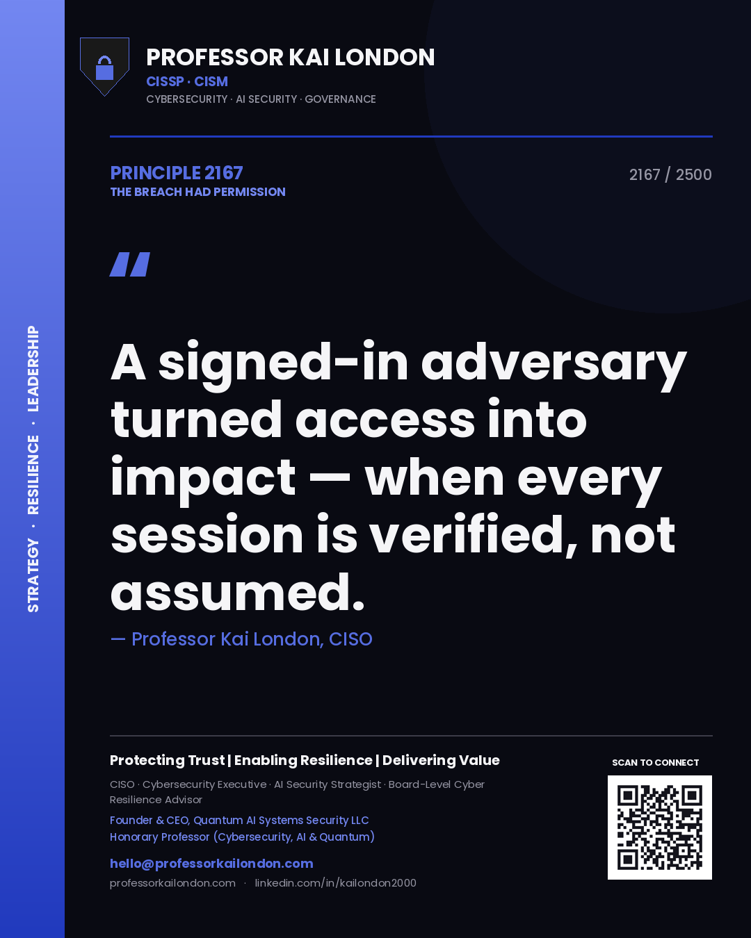 Quote card by Professor Kai London reading 'A signed-in adversary turned access into impact — when every session is verified, not assumed.'. From the book The Breach Had Permission.