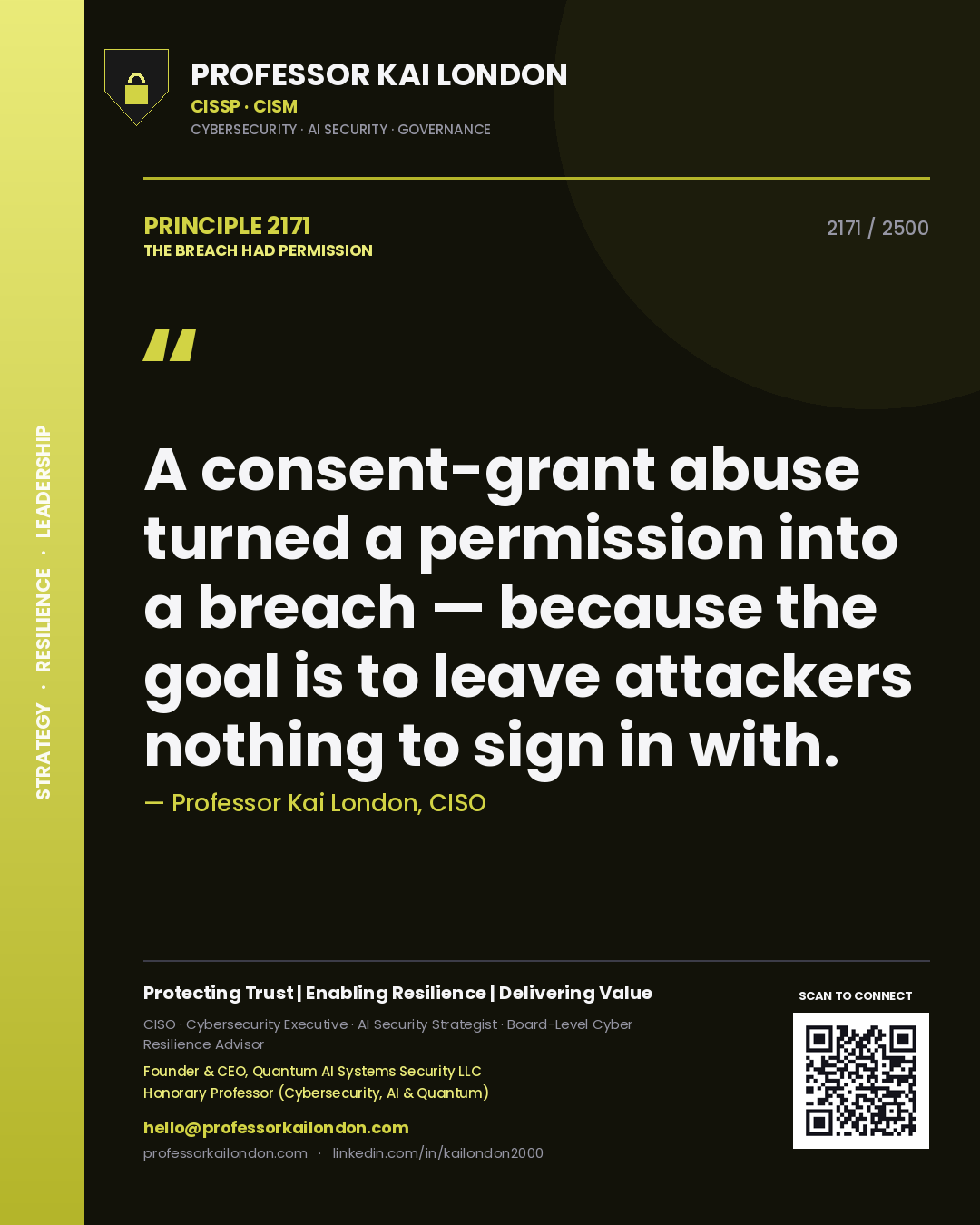 Quote card by Professor Kai London reading 'A consent-grant abuse turned a permission into a breach — because the goal is to leave attackers nothing to sign in with.'. From the book The Breach Had Permission.
