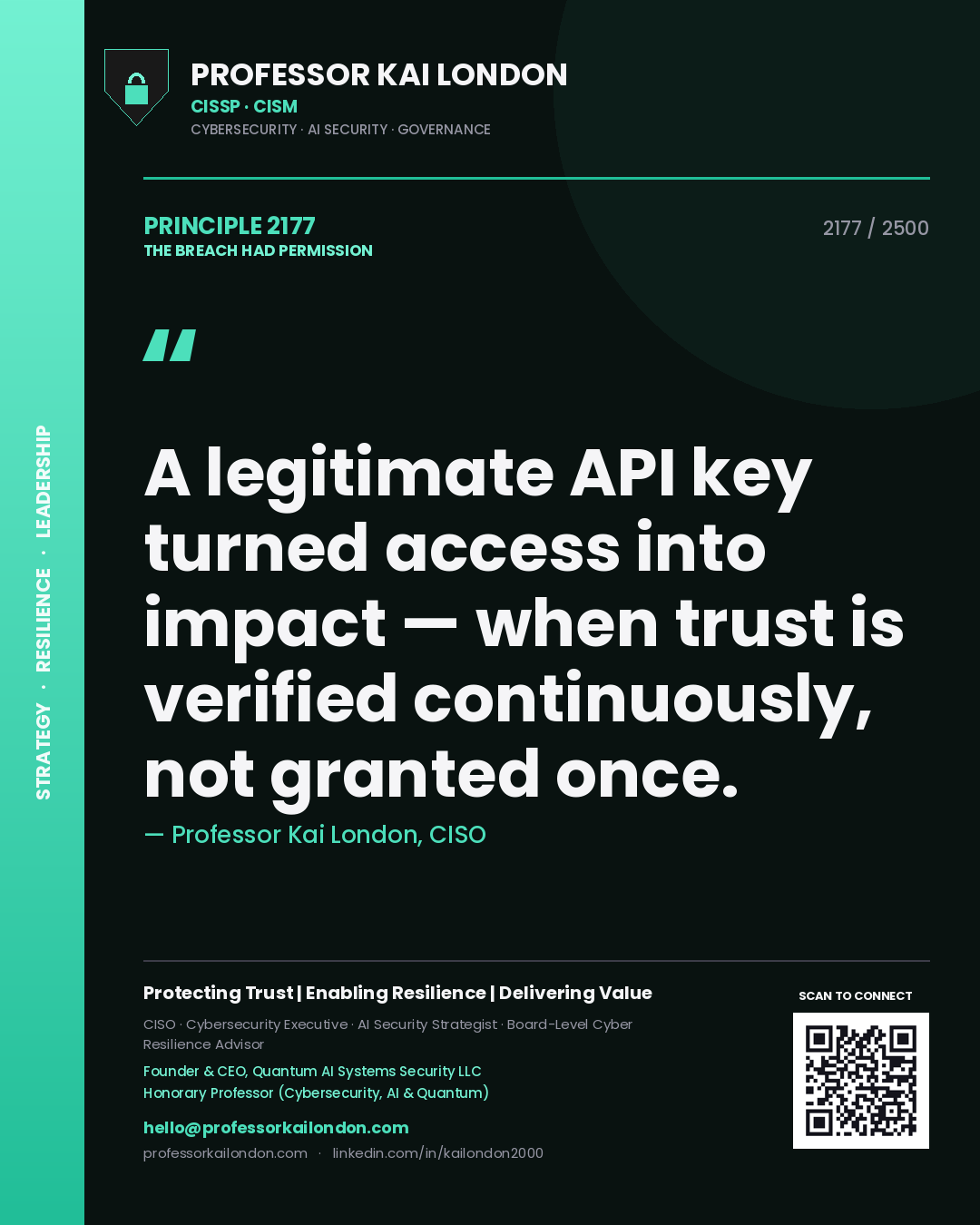 Quote card by Professor Kai London reading 'A legitimate API key turned access into impact — when trust is verified continuously, not granted once.'. From the book The Breach Had Permission.
