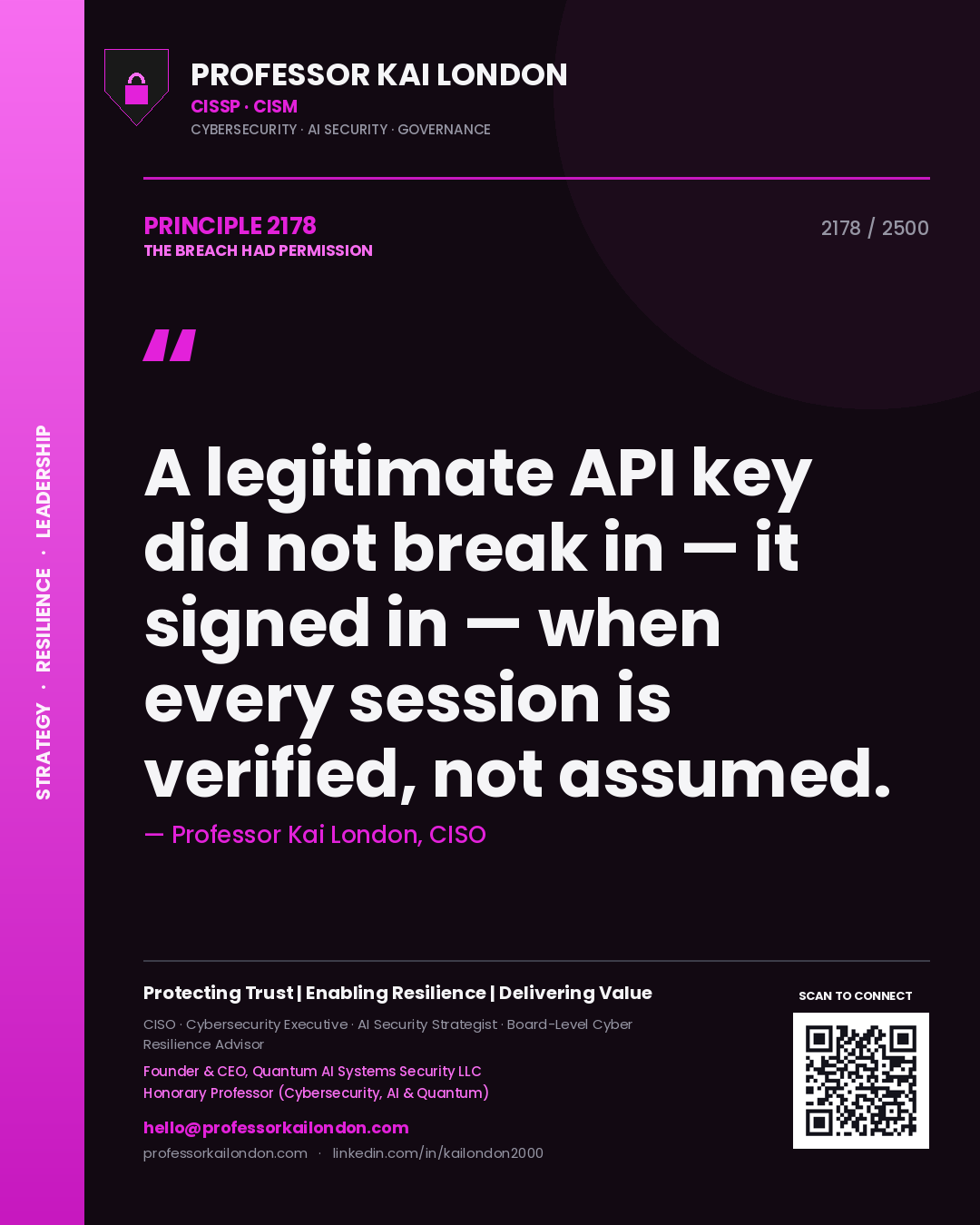 Quote card by Professor Kai London reading 'A legitimate API key did not break in — it signed in — when every session is verified, not assumed.'. From the book The Breach Had Permission.