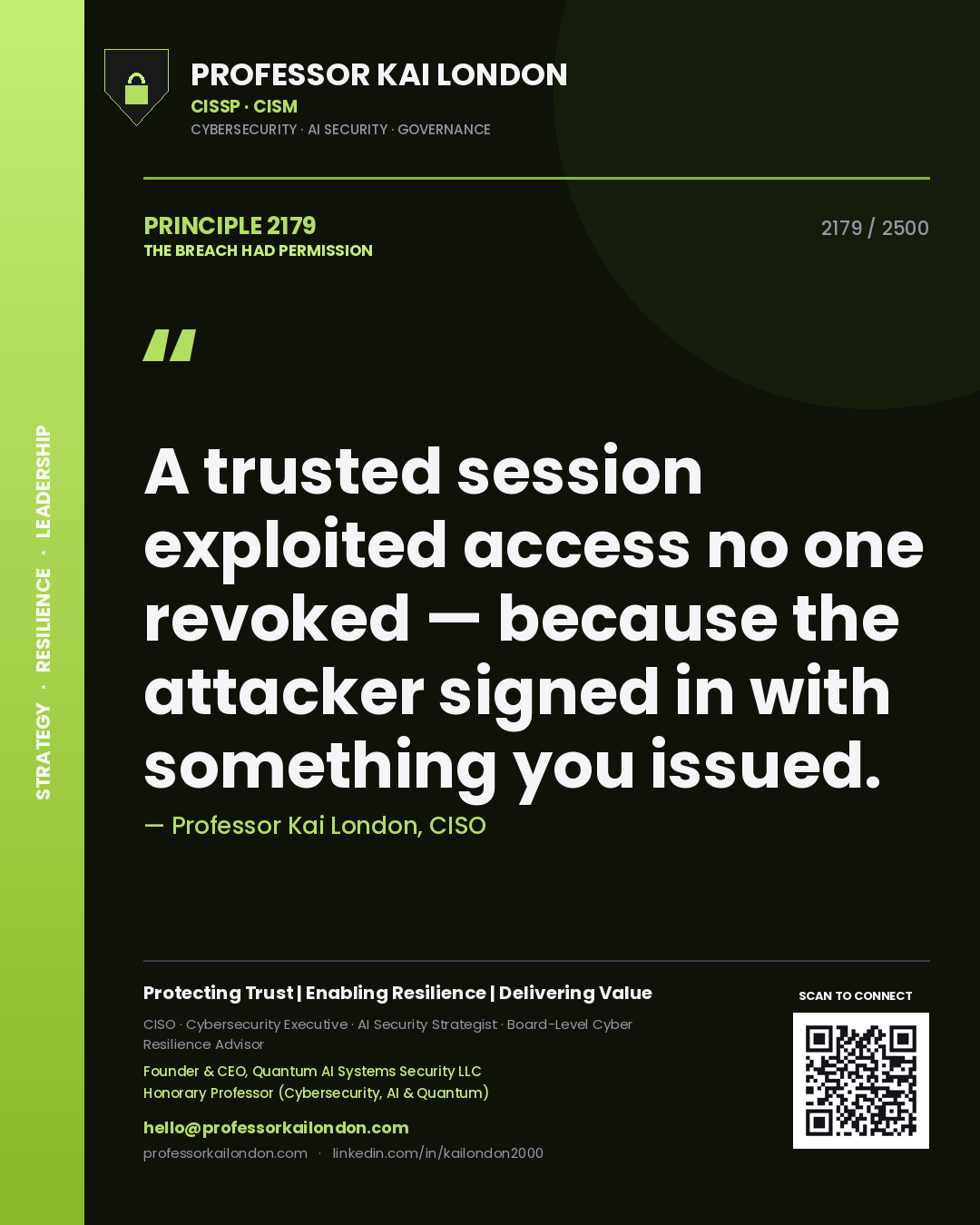 Quote card by Professor Kai London reading 'A trusted session exploited access no one revoked — because the attacker signed in with something you issued.'. From the book The Breach Had Permission.