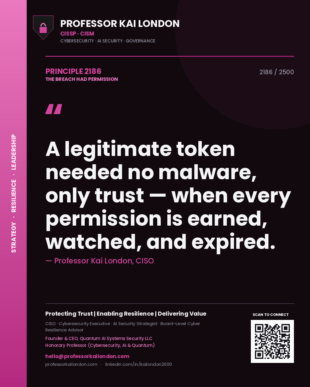 Quote card by Professor Kai London reading 'A legitimate token needed no malware, only trust — when every permission is earned, watched, and expired.'. From the book The Breach Had Permission.