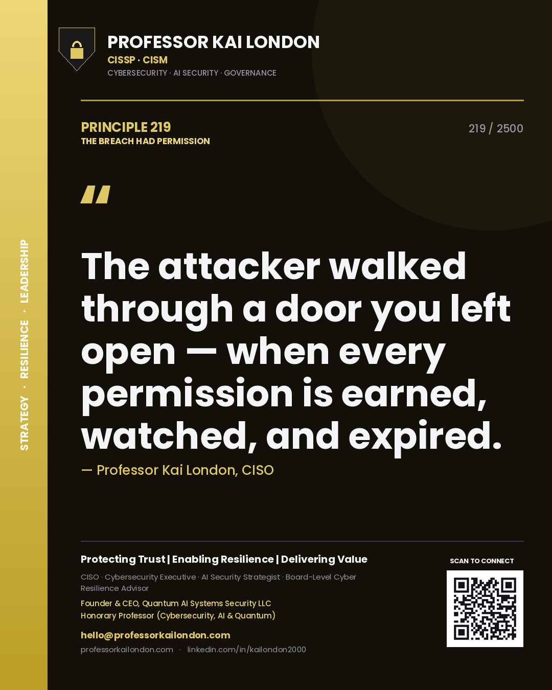 Quote card by Professor Kai London reading 'The attacker walked through a door you left open — when every permission is earned, watched, and expired.'. From the book The Breach Had Permission.