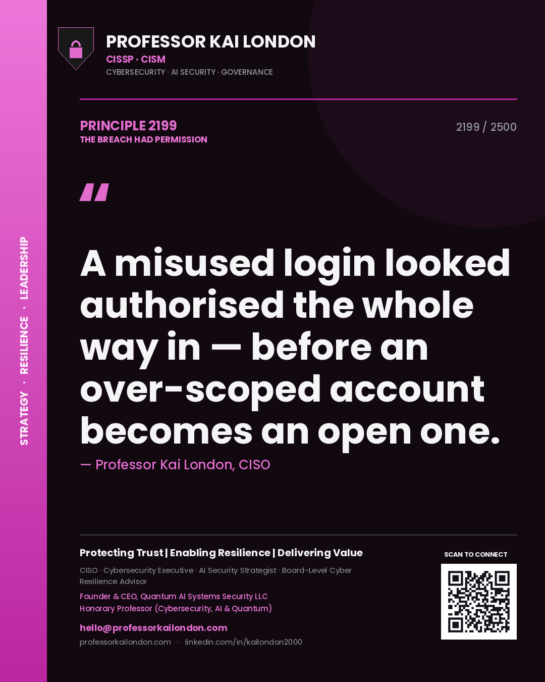 Quote card by Professor Kai London reading 'A misused login looked authorised the whole way in — before an over-scoped account becomes an open one.'. From the book The Breach Had Permission.