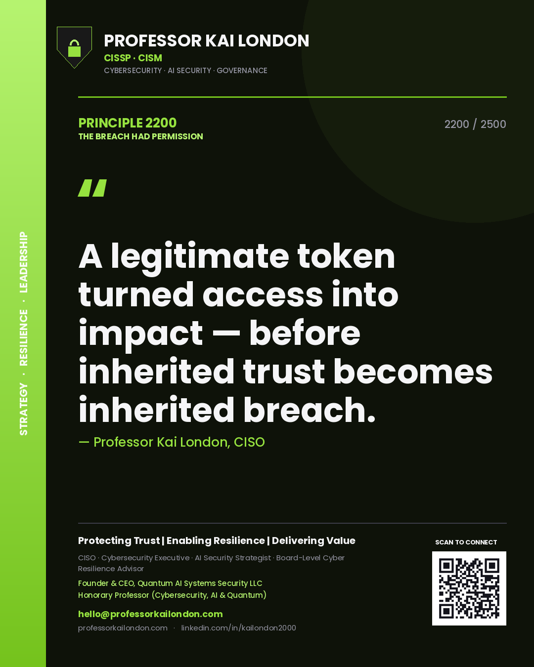 Quote card by Professor Kai London reading 'A legitimate token turned access into impact — before inherited trust becomes inherited breach.'. From the book The Breach Had Permission.