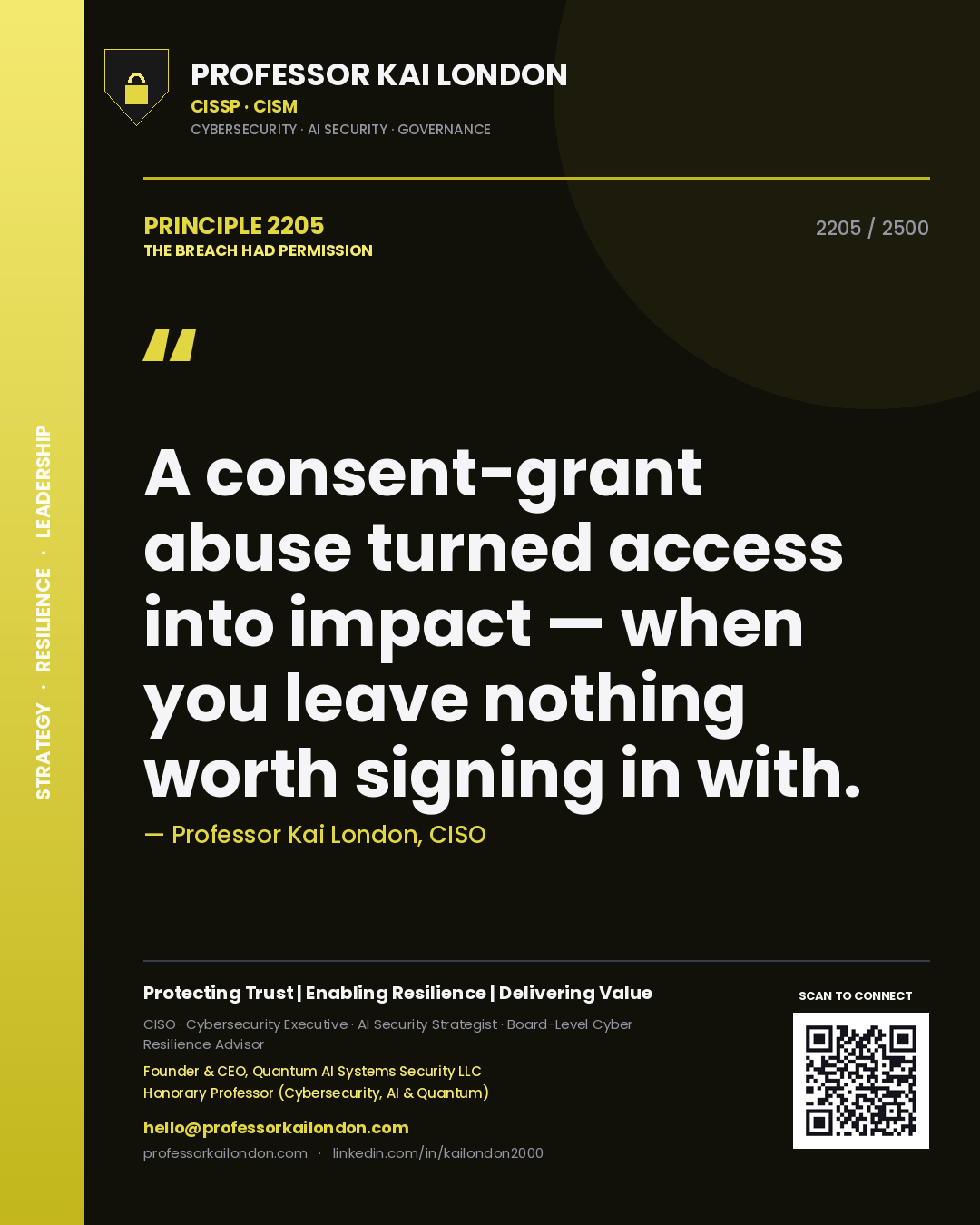 Professor Kai London principle 2205: A consent-grant abuse turned access into impact — when you leave nothing worth signing in with.