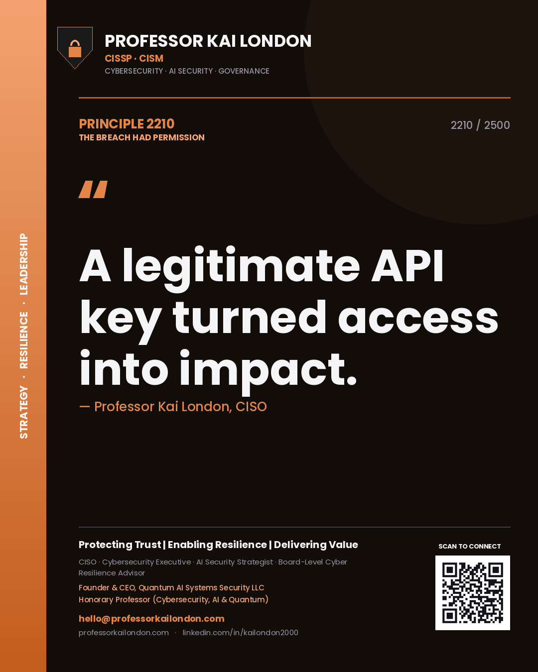 Quote card by Professor Kai London reading 'A legitimate API key turned access into impact.'. From the book The Breach Had Permission.