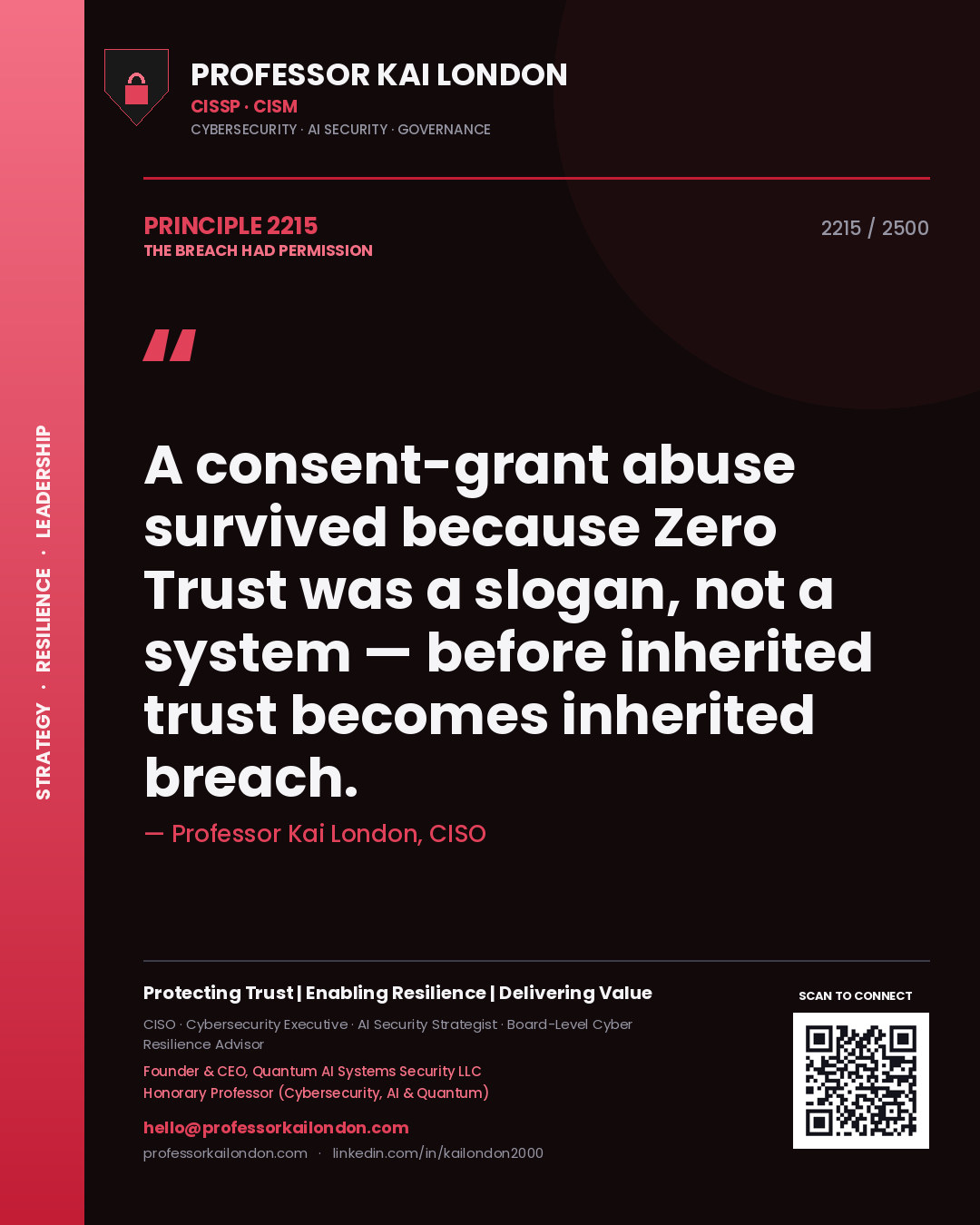 Quote card by Professor Kai London reading 'A consent-grant abuse survived because Zero Trust was a slogan, not a system — before inherited trust becomes inherited breach.'. From the book The Breach Had Permission.