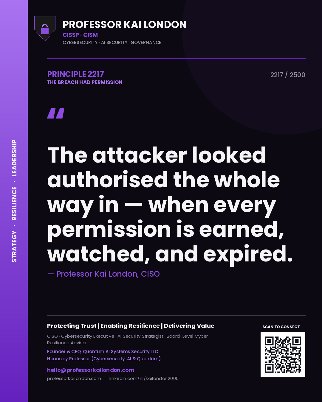 Quote card by Professor Kai London reading 'The attacker looked authorised the whole way in — when every permission is earned, watched, and expired.'. From the book The Breach Had Permission.